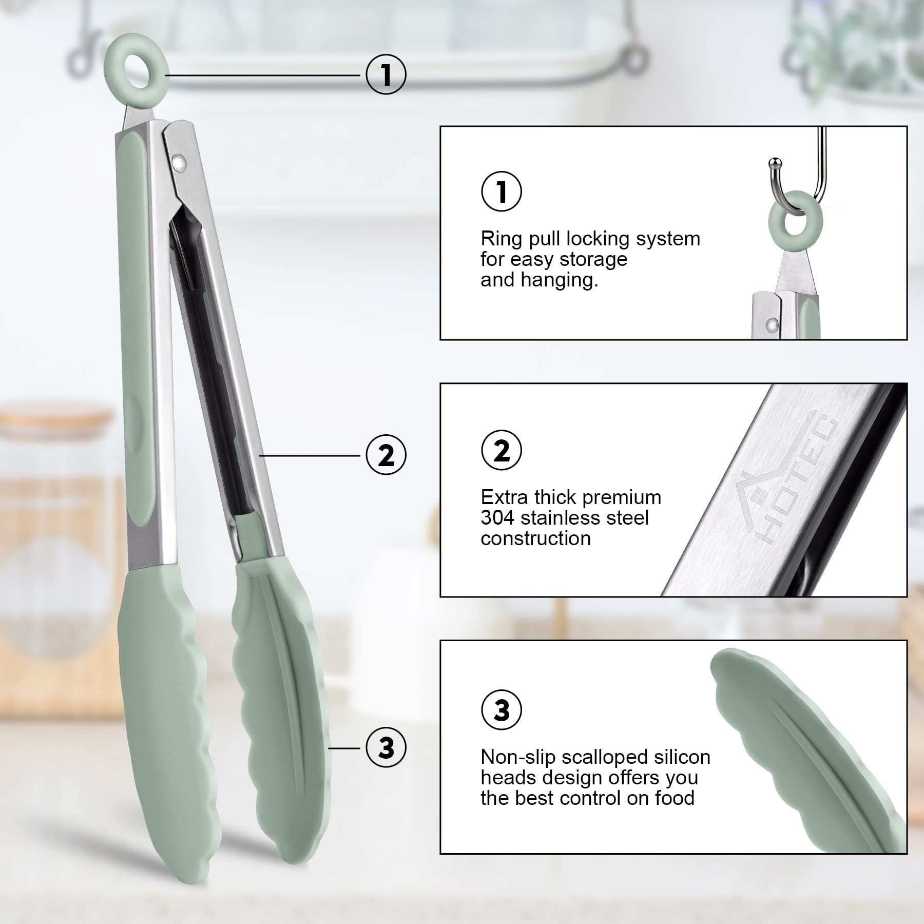 Hotec Premium Stainless Steel Locking Kitchen Tongs with Silicon Tips  Set of 2-9'' and 12'' Light Green