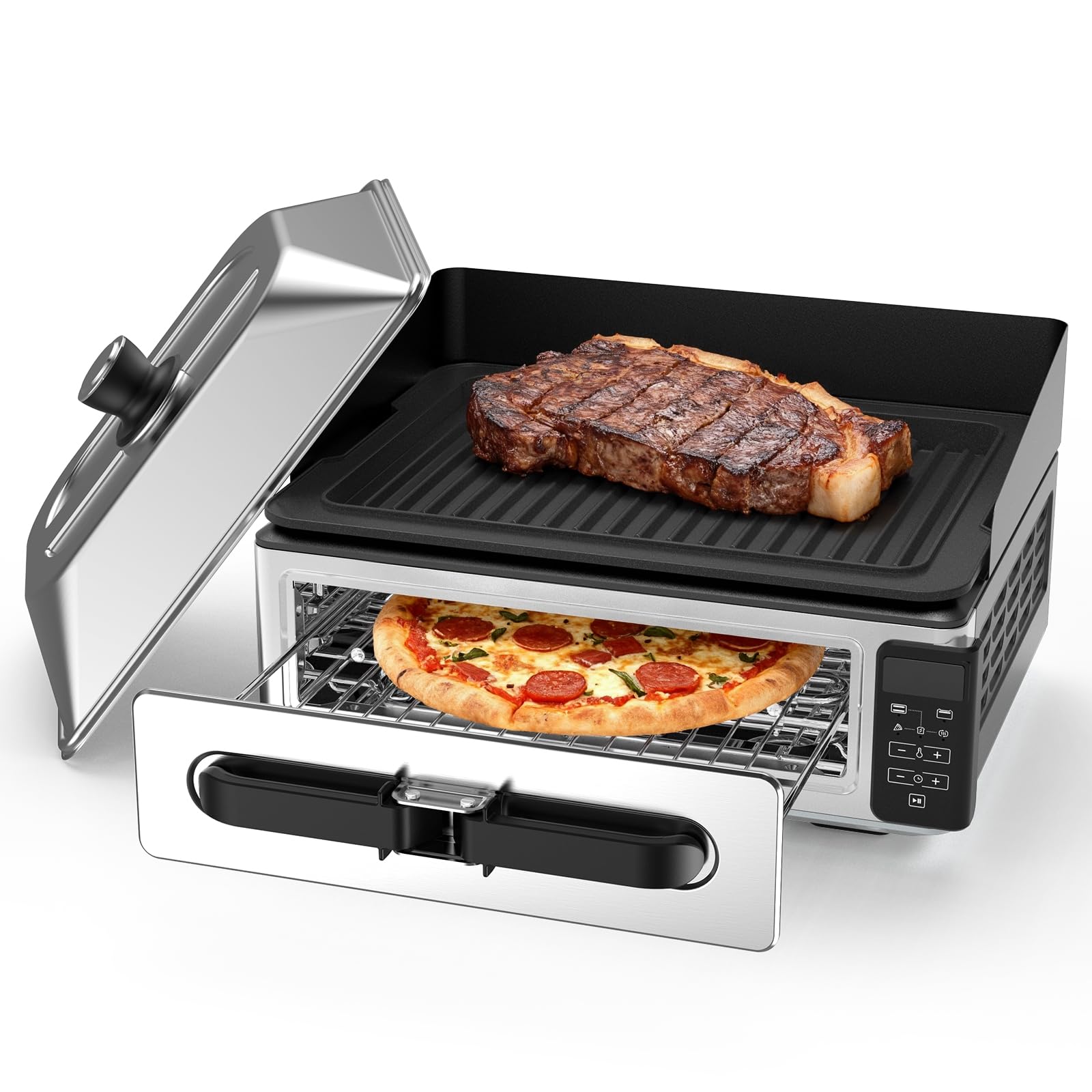 OLIXIS Electric Grill Indoor for Steak and Veggies, Smokeles Griddle with Lid for Kitchen Cooking, Countertop Oven Includes Temp