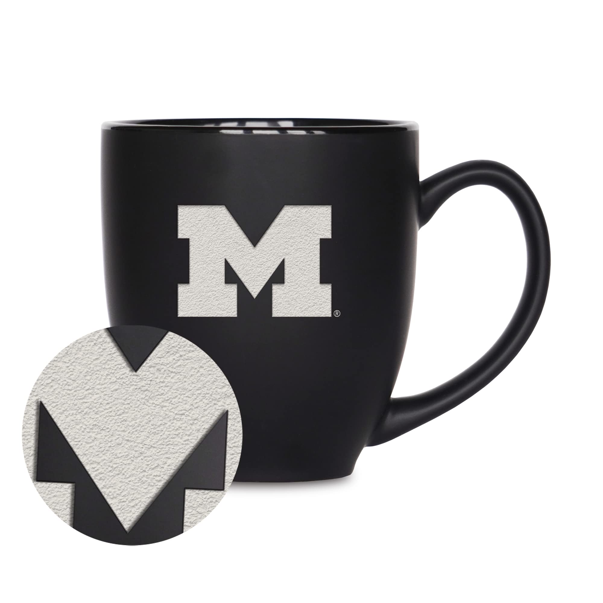 Rico Industries NCAA Michigan Wolverines Main 15oz Laser Engraved Matte Black Ceramic Bistro Mug - For Hot or Cold Drinks