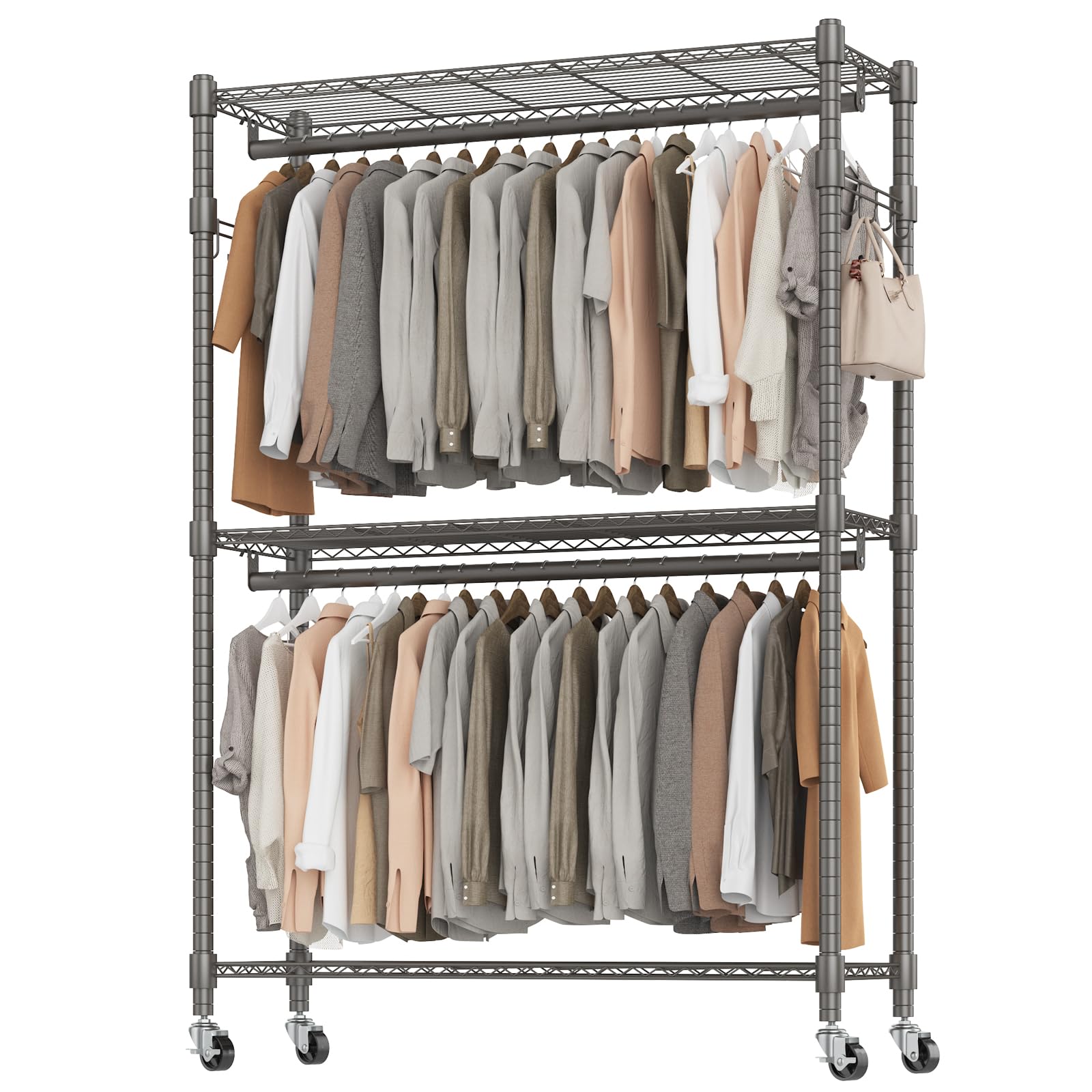 Bathwa Heavy Duty Garment Rack On Wheels, Rolling Clothes Racks For Hanging Clothes, Simple Sturdy Wardrobe Rack With Double Han