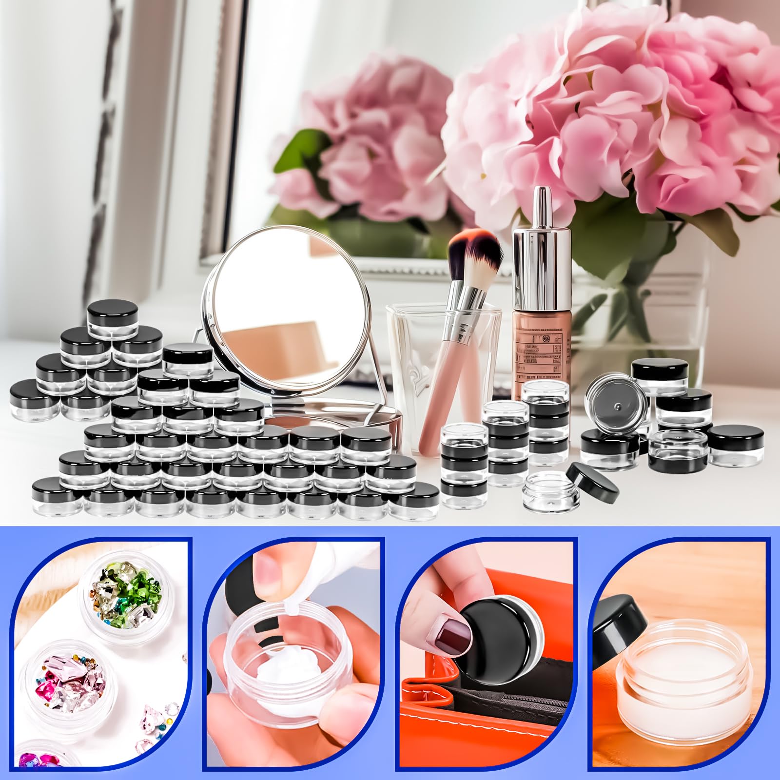 Motbach 100 Pcs 5G Empty Plastic Containers With Black Lids,Mini Makeup Sample Containers, Small Sample Pot Jars Round Cosmetic