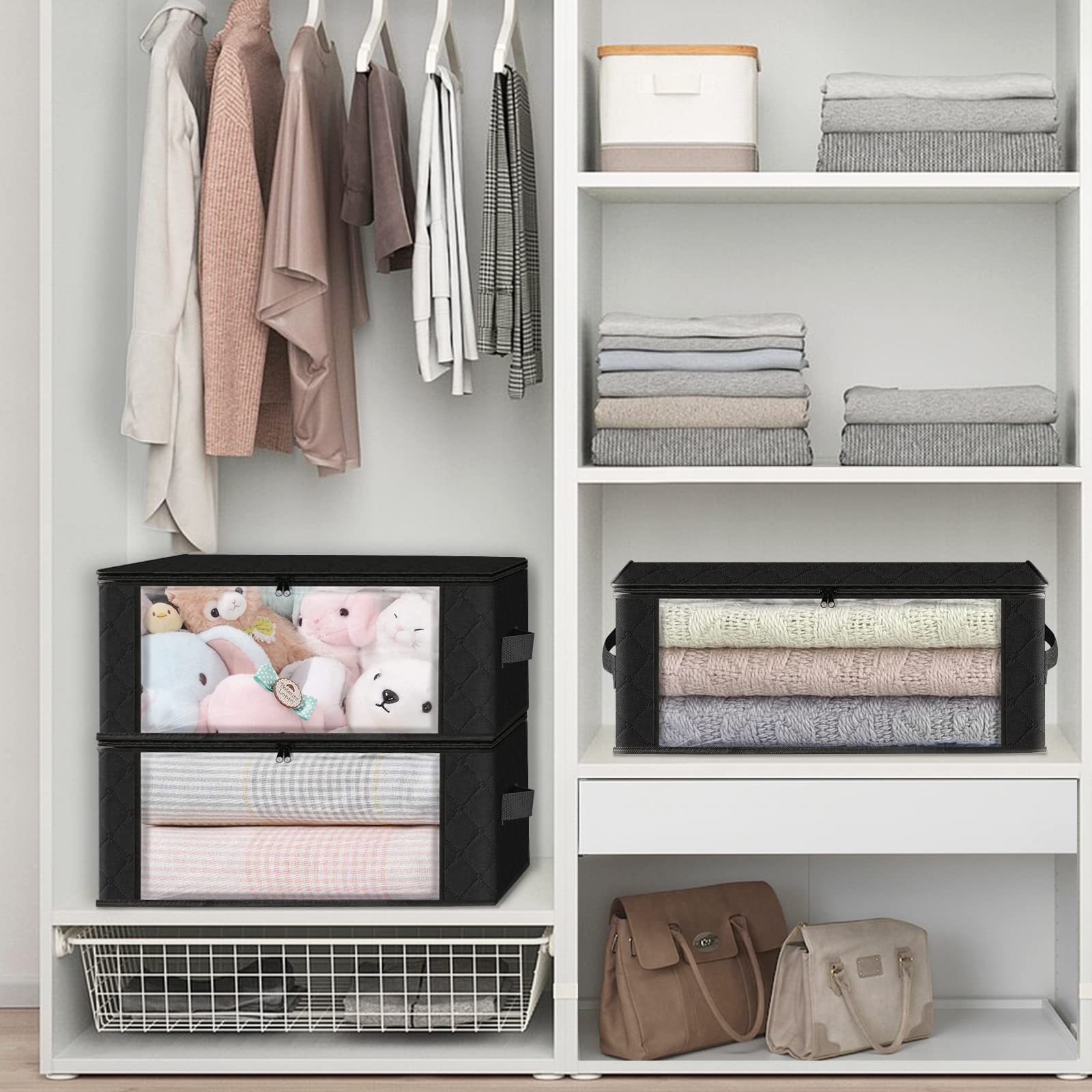 HomeHacks 6-Pack Clothes Organizer Storage Bags Foldable Storage Box with Large Clear Window Sturdy Handles for Closet, Dorm, Pi