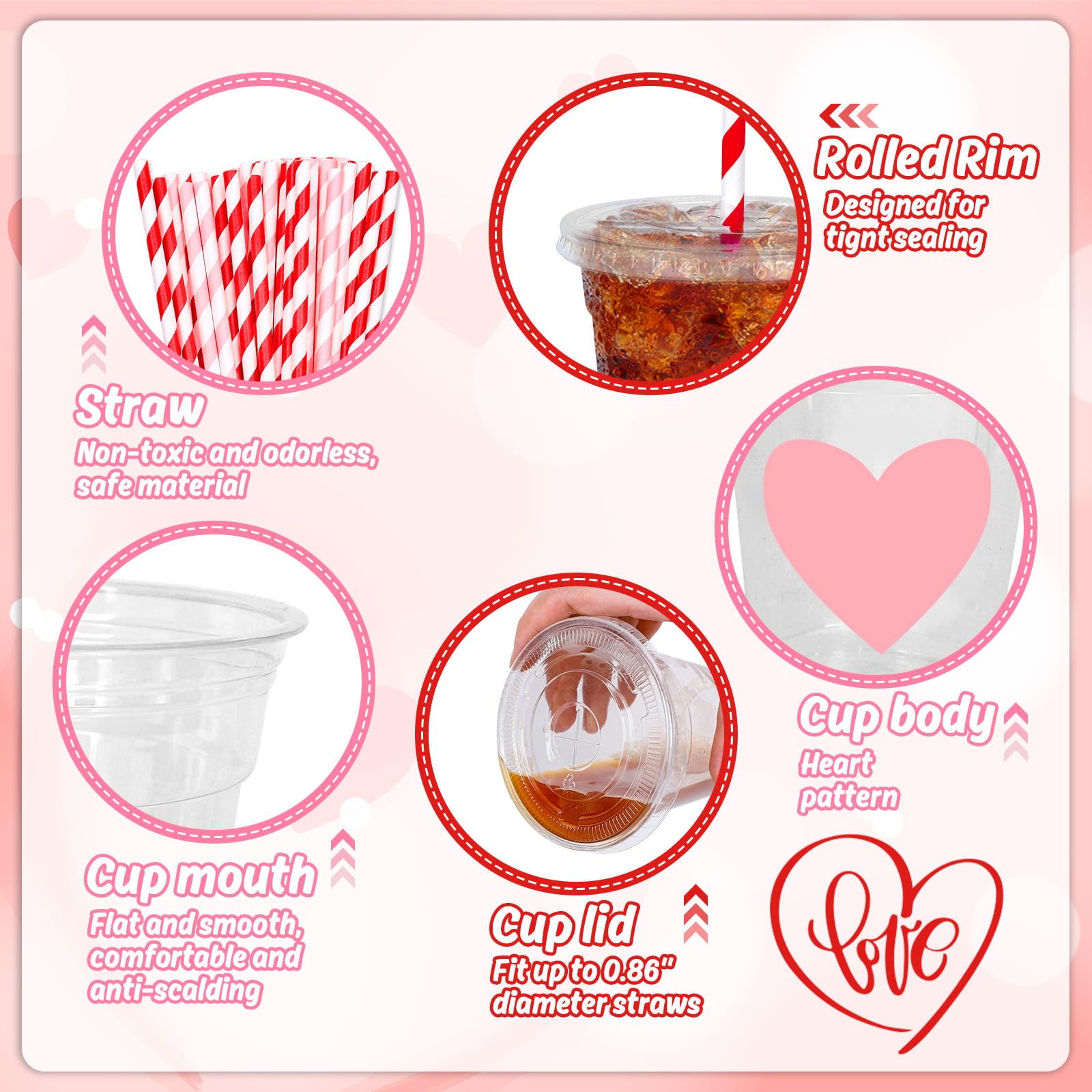 Whaline 50Pcs Valentine'S Day Disposable Plastic Cups With Lids And Straws 12Oz Party Cups Red Pink Cold Beverage Drinking Cups