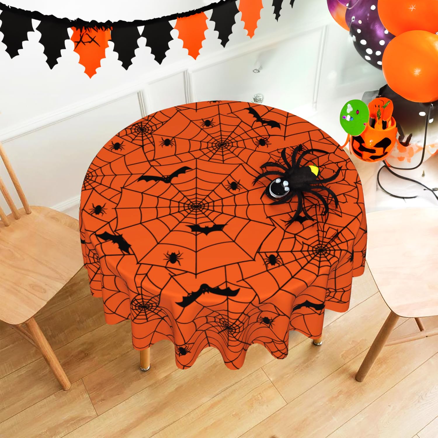 Suqkxco Halloween Tablecloth Spider Web Orange Round Tablecloth 60 Inch Table Cloths Cover Mat Spill Proof Table Covers For Kitc
