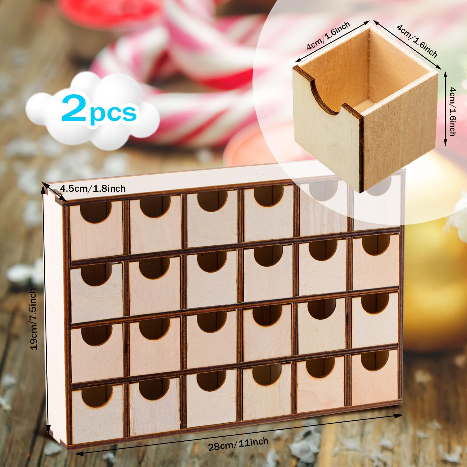 Sliner 2 Pcs Christmas Wooden Advent Calendar with 24 Drawers Countdown to Christmas Storage Organizer, DIY Unfinished Storage B