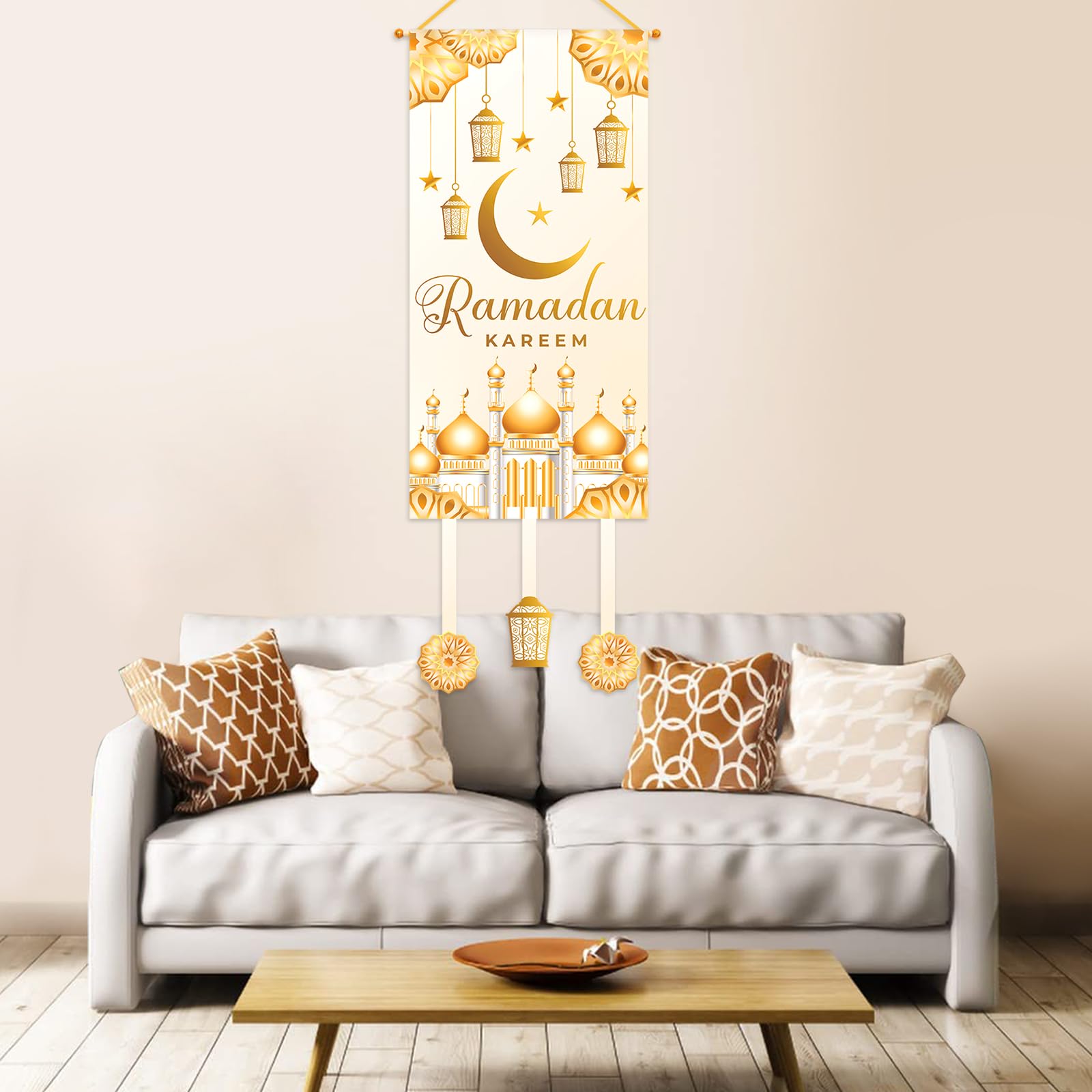Eid Mubarak Ramadan Hanging Door Decoration-White Gold Moon Lantern Hanging Banner For Ramadan Decorations, 2024 Ramadan Decor E