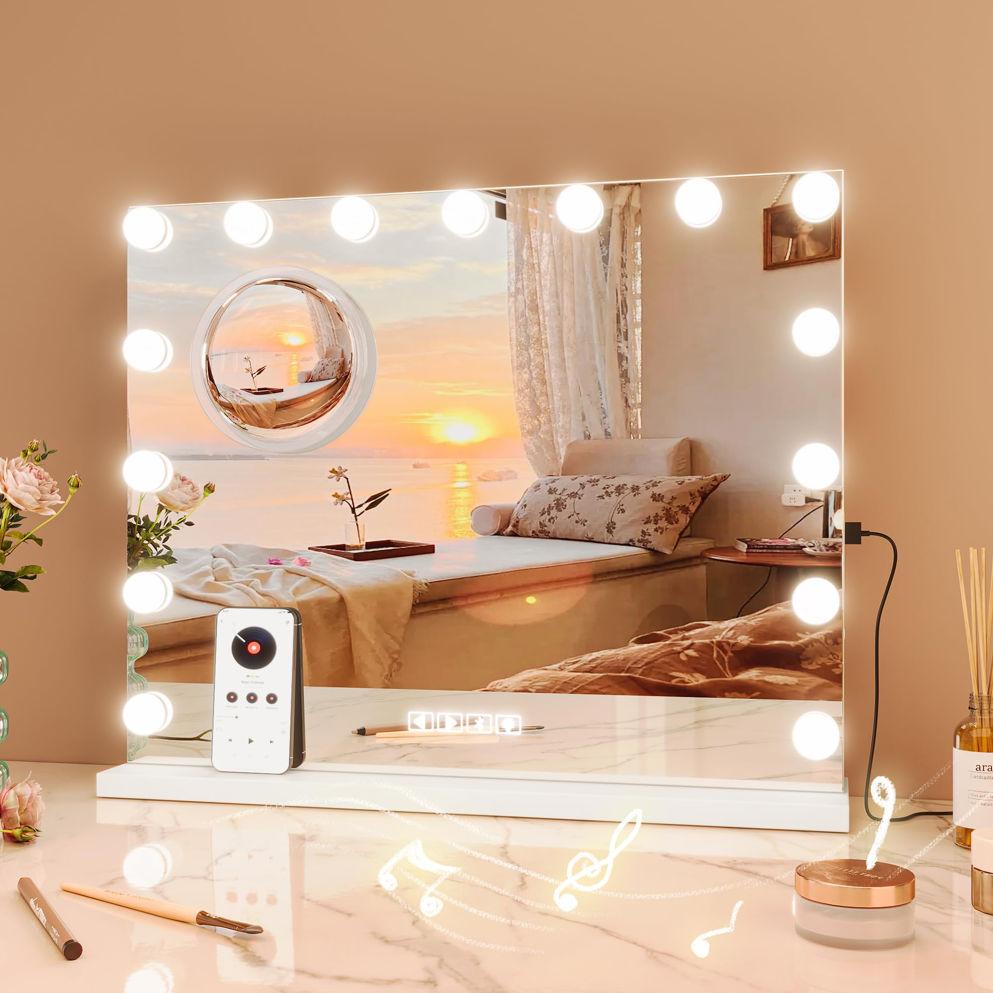 Vanity Mirror With Lights And Speaker, Lighted Vanity Mirror With 15 Led Bulbs, 3 Color Modes, Support Answer Call, Touch Screen