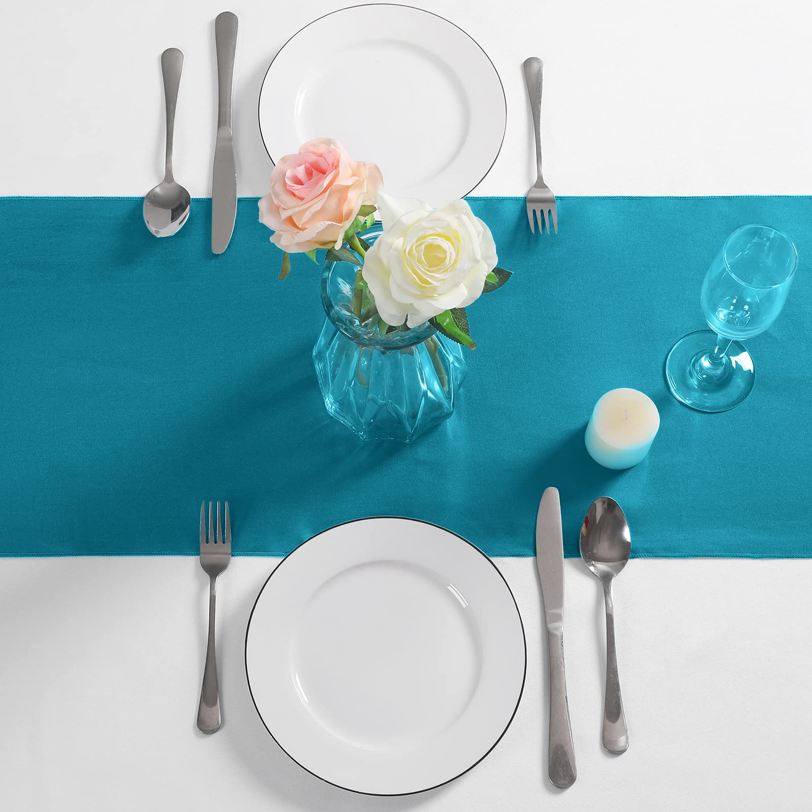 Manyshofu 12Pcs Satin Teal Blue Table Runner - 12 x 72 Inch Long Size  Party Table Runner Decor Bright & Smooth Wedding Decorations Table Runner for Banquet Chef Birthday Buffet Dinner Graduations