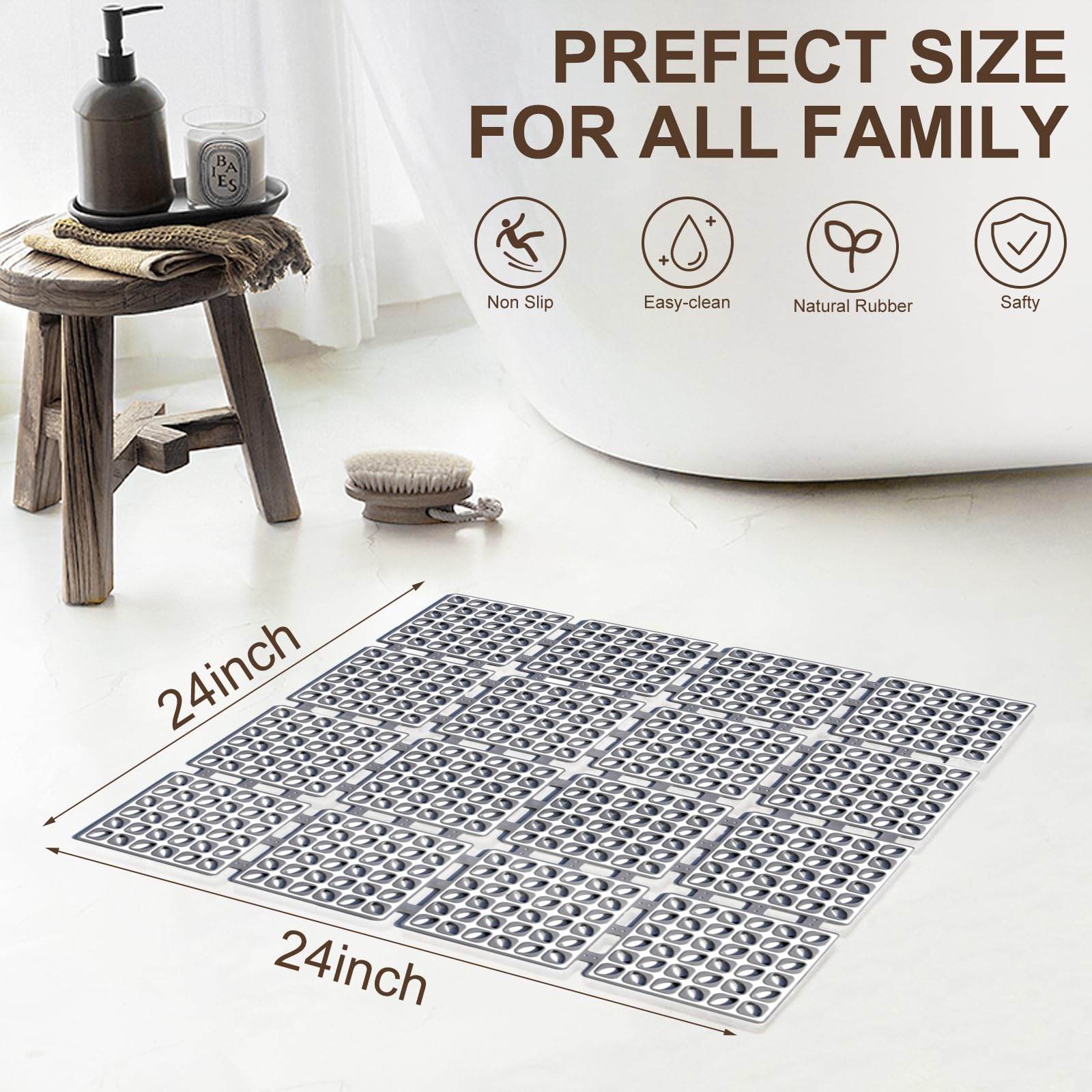 Shower Mat Non Slip,24''X24'' Bathtub Mat Non Slip Square Shower Mats For Inside Shower With Drain Holes Suction Cups, Quick Dra