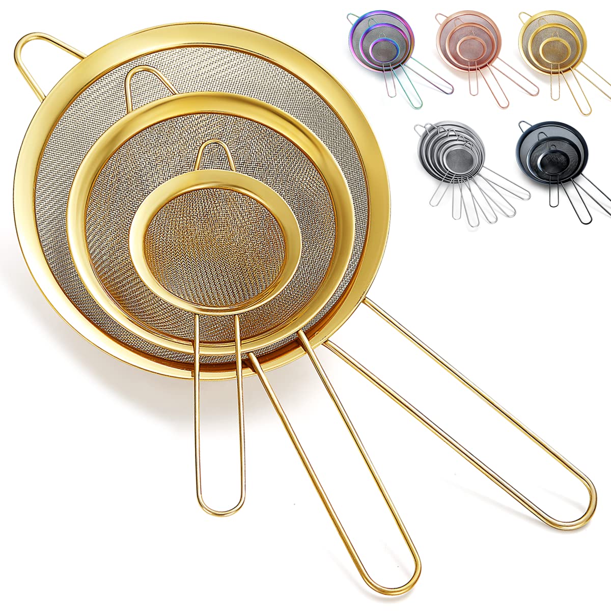 Kyraton Gold Fine Mesh Strainer 3 Pieces Set, Golden Flour Sifter For Baking, Stainless Steel Clander, Matcha Tea Strainer, Grav