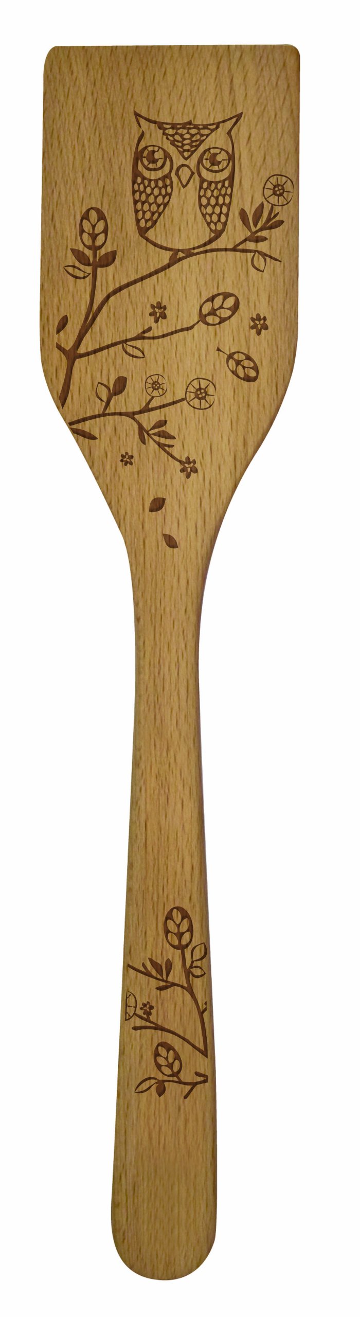 Talisman Designs Laser Etched Beechwood Turner Woodland Owl Design Pan Cooking Turner Cute & Functional Kitchen Tool Decorative