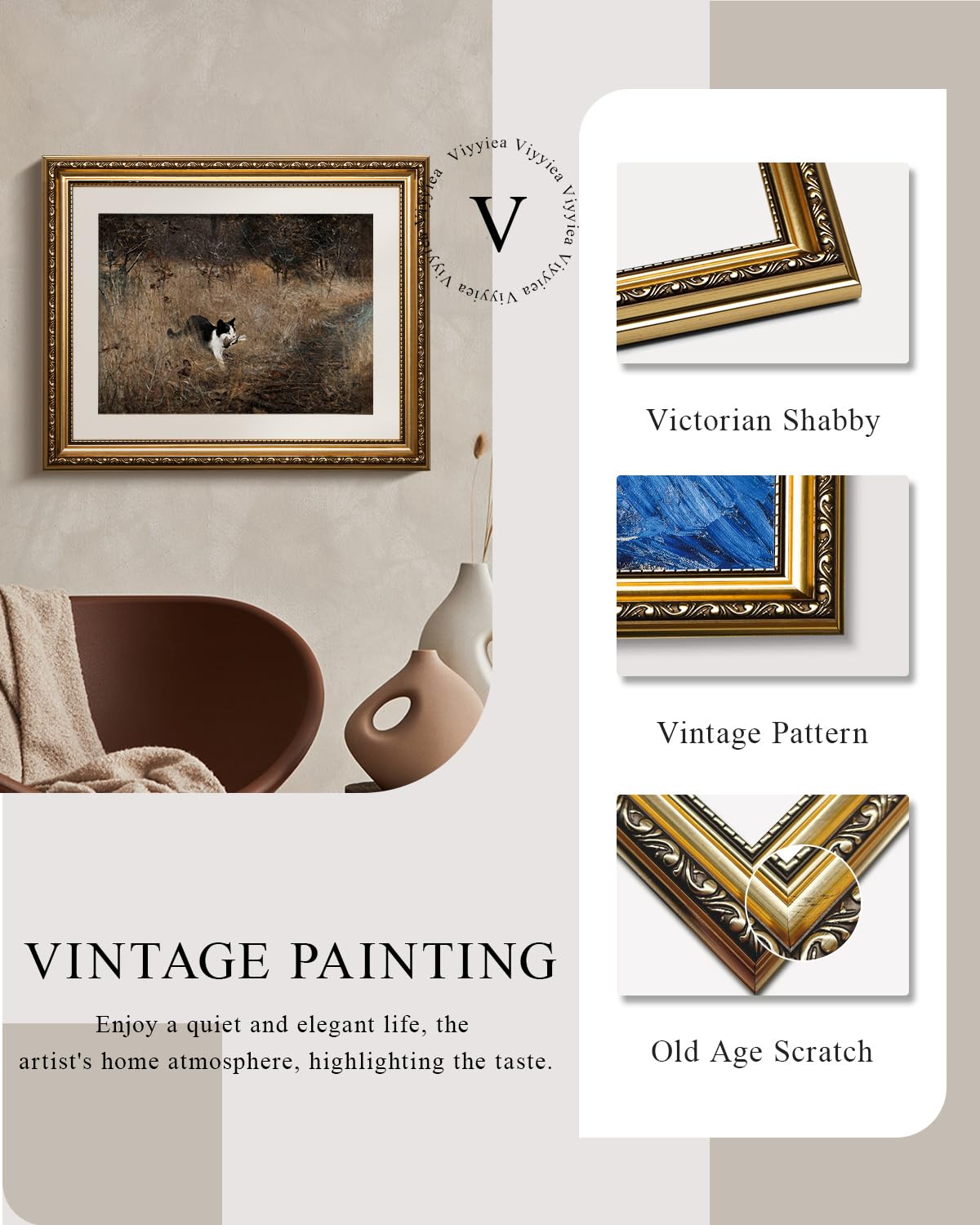 Viyyiea Gold Framed Wall Art Canvas Print Home Decor Cat Walll Art Funny Bathroom Decor Black Cat Holding A Bird Prints Artwork