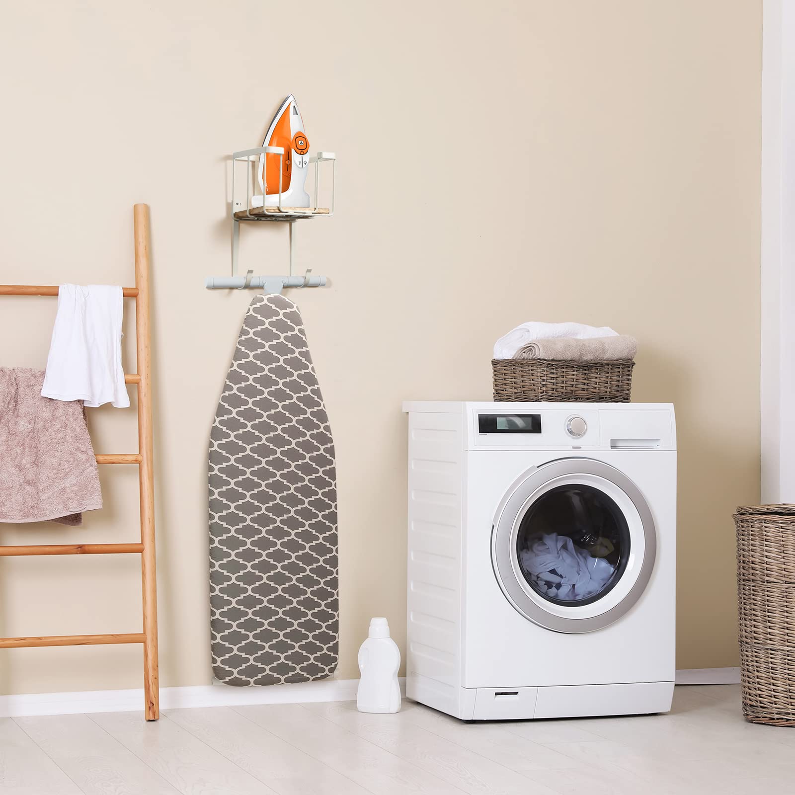 TJ.MOREE Over The Door Ironing Board Hanger, White, Iron Material, Model 8611, Space-Saving Laundry Room Storage Solution