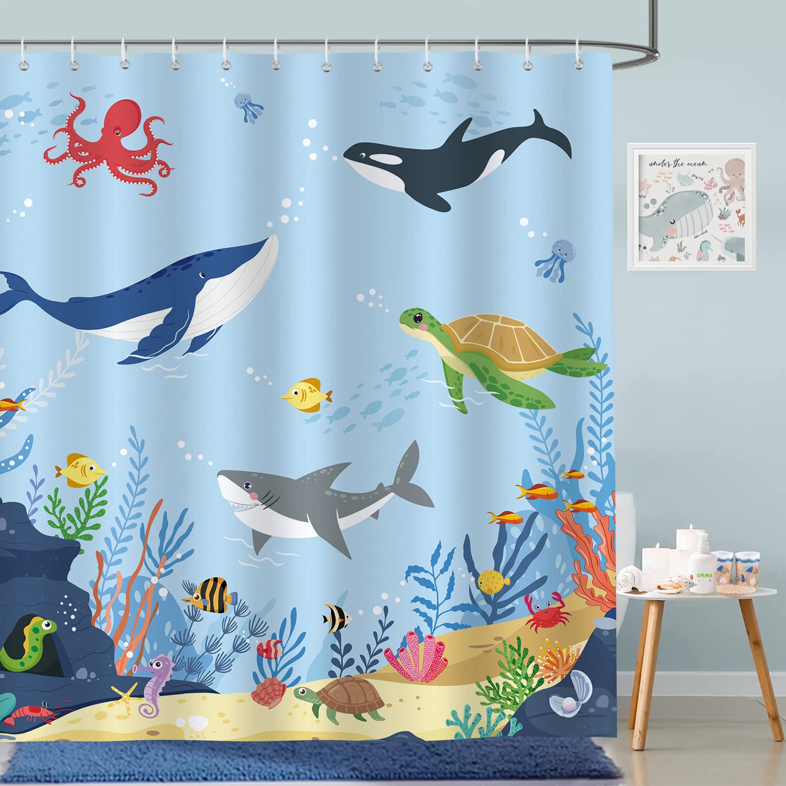 Bonhause Ocean Shower Curtain For Kids Under The Sea Dolphin Fish Blue Decorative Bath Curtain 72 X 72 Inch Polyester Fabric Wat