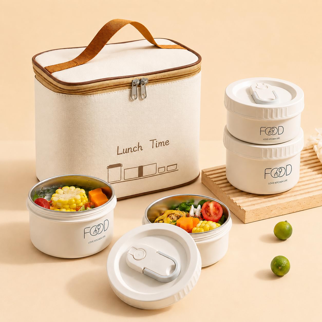 Myneemoe Stainless Steel Lunch Box With Insulated Bag & Cutlery Set, 4 Containers, Leakproof Screw Lid, Microwave Safe, Bpa Free