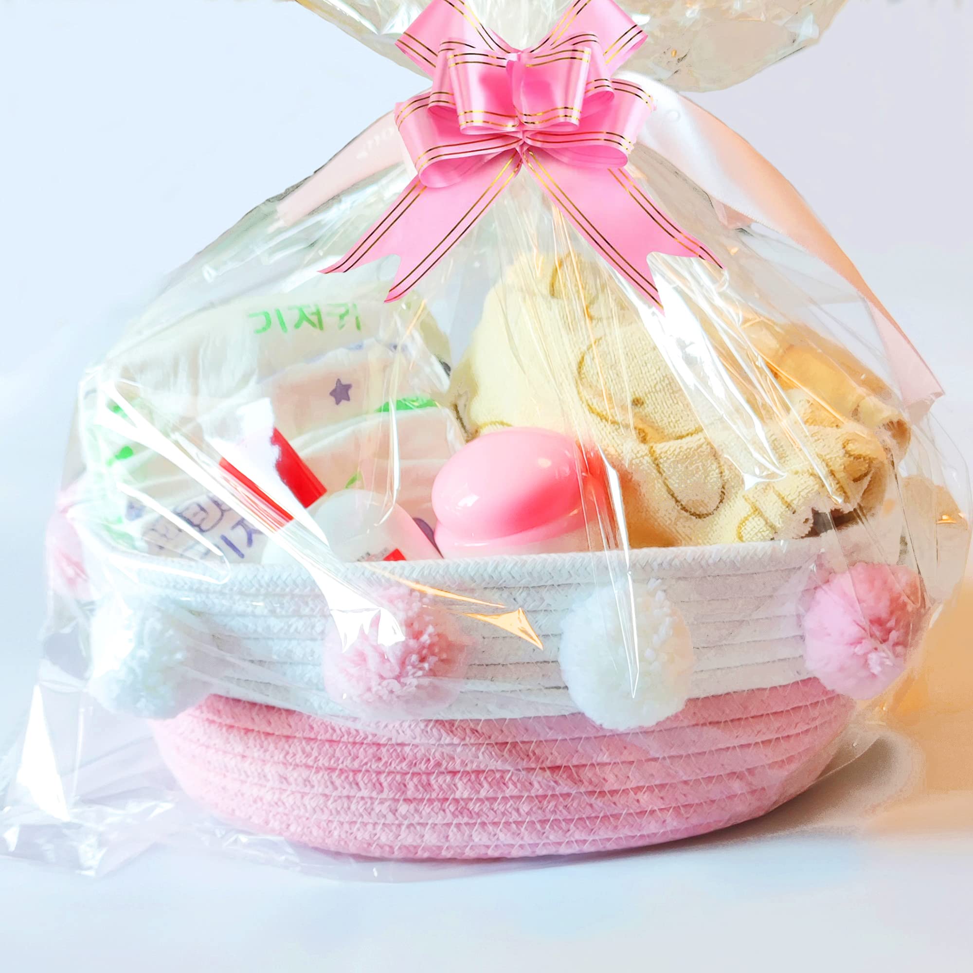 Rengaorise Small Pink Basket With Pompoms, 10.6'' X 9.8'' X 4.3'' Oval Decorative Cute Cotton Rope Woven Baby Basket For Books,