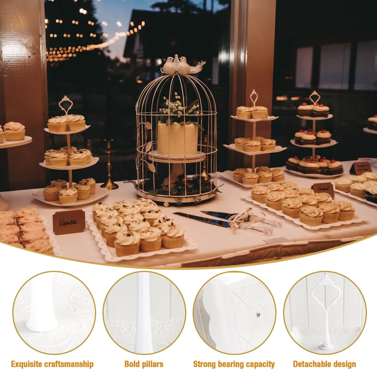 10 Pcs Cake Stand White Plastic Dessert Table Stand Set 4 Pcs 3 Tired Cupcake Display Stands Cookie Tray Rack Serving Tray Cake