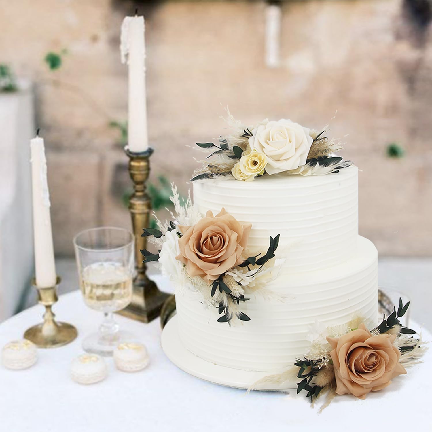 Rinlong 3Pcs Pre-made Boho Cake Toppers Pampas Cake Decorations Birthday Wedding Cake Decorating Flowers Baptism Decor for Women