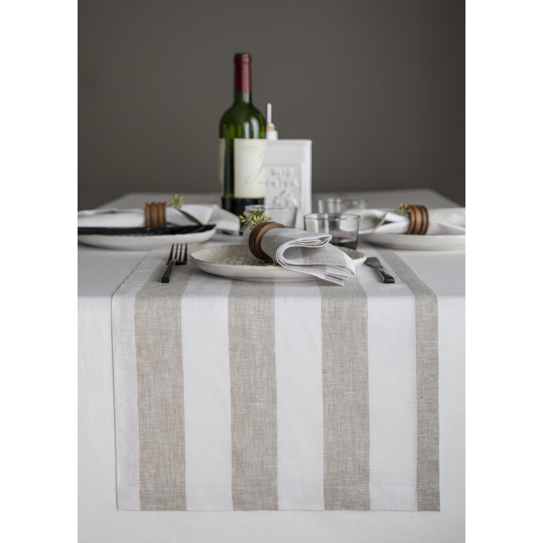 Solino Home Cabana Stripe Linen Table Runner 14 X 36 Inch - 100% Pure Linen Natural And White Table Runner For Spring, Easter -