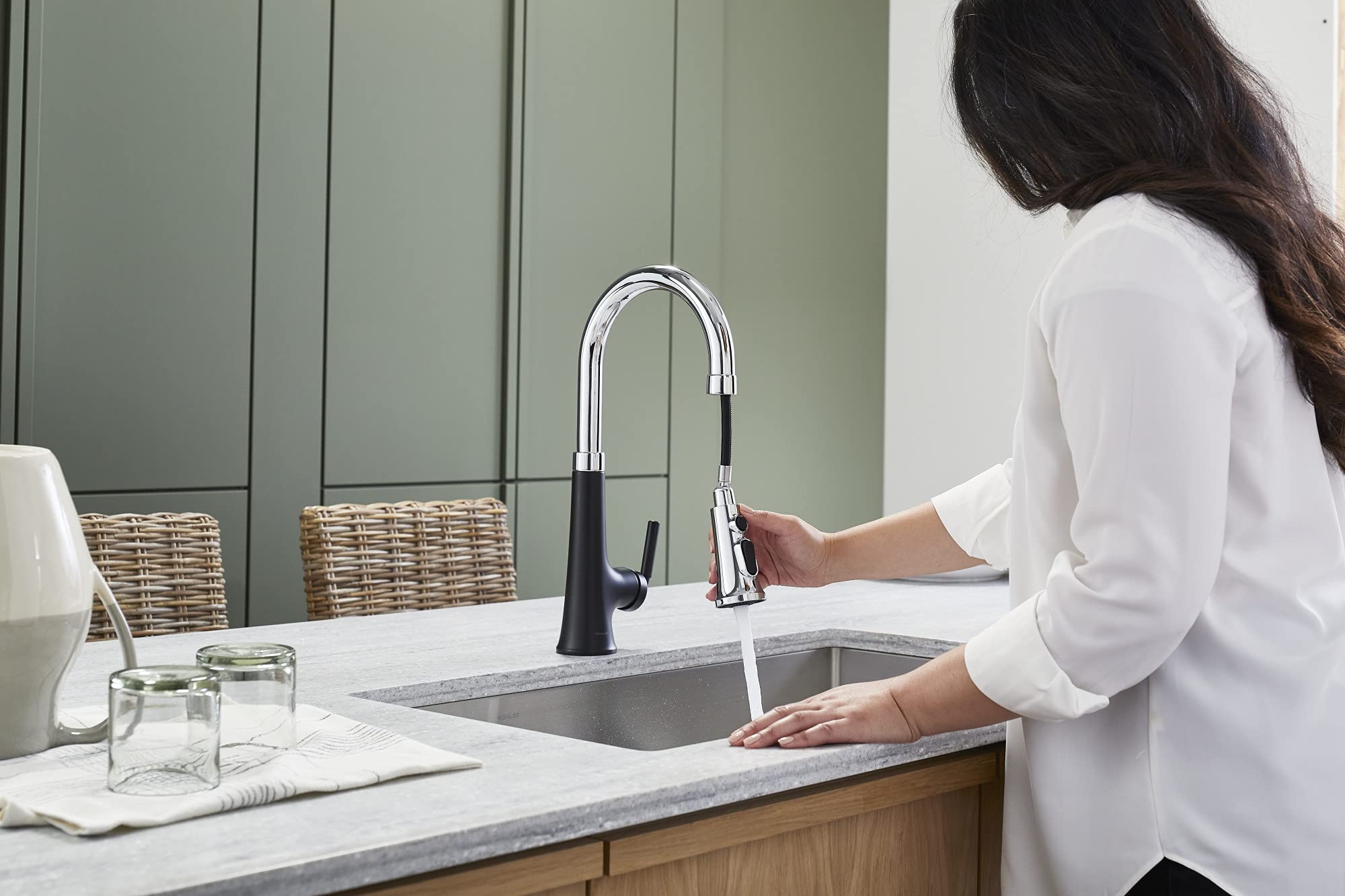 Kohler 23766-Cbl Tone Pull Down Sprayer, Touchless Faucet For Kitchen Sink, Polished Chrome With Matte Black