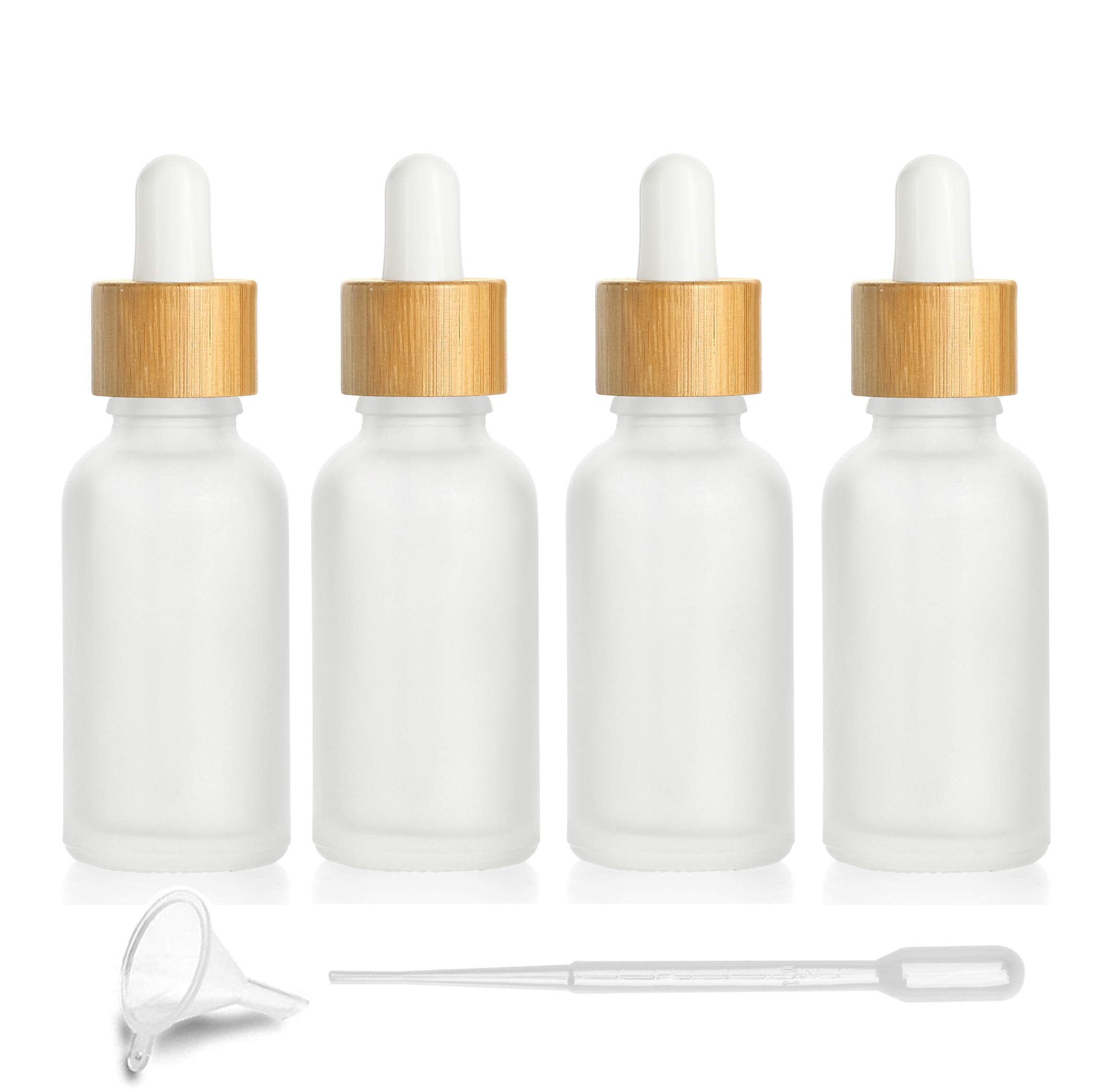4 Pcs Bamboo Frosted Glass Eye Dropper Bottle,Empty Essential Oil Bottles With Pure Glass Pipettes,Bamboo Cap Makeup Travel Cosm