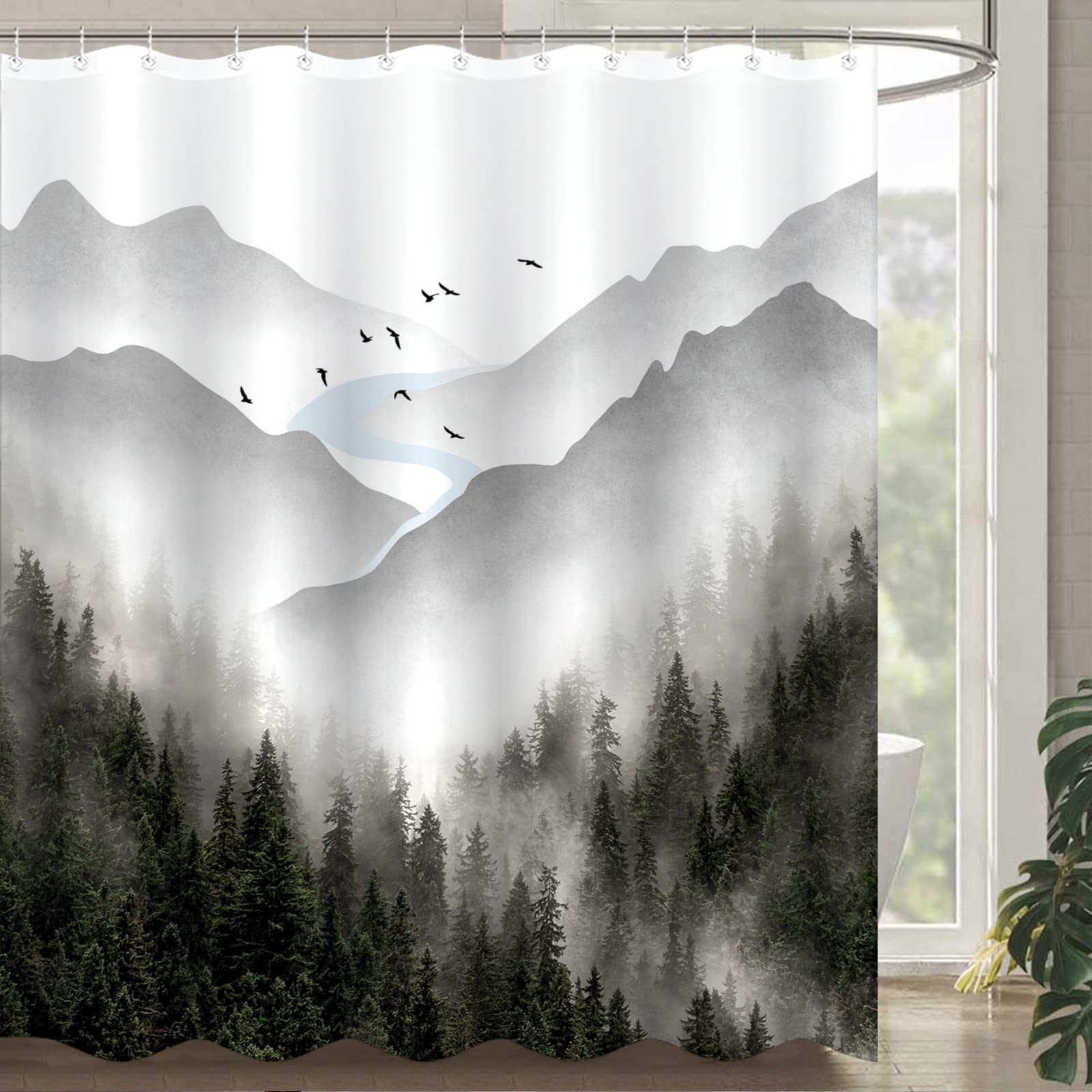 Zussun Long Gray Misty Forest Shower Curtain Grey Nature Foggy Tree Mountain Shower Curtains For Bathroom Waterproof Fabric Wood
