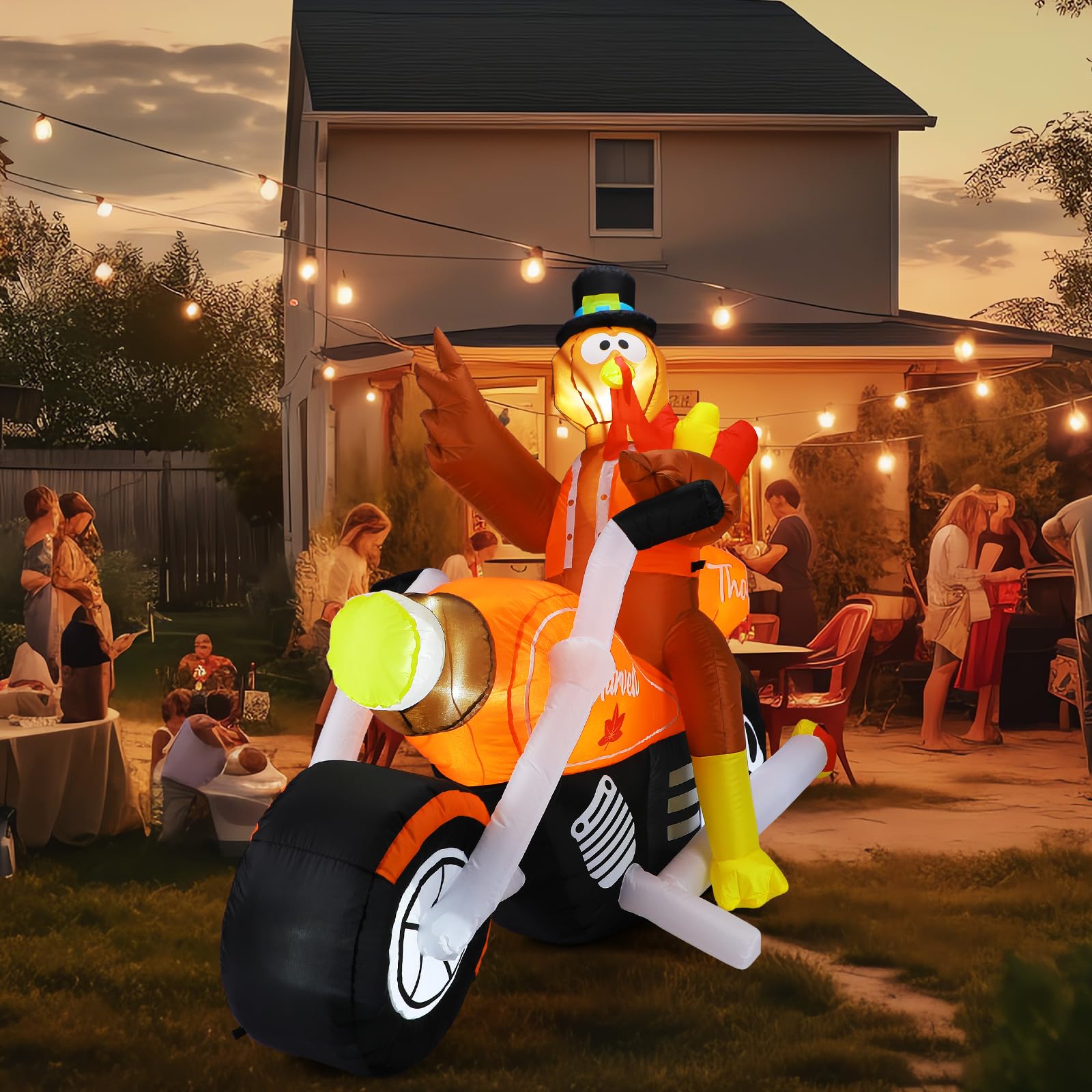 Leyndo 7 Feet Thanksgiving Inflatables Turkey Riding Motorcycle Decoration Outdoor Turkey Blow up Yard Decoration with LED Light