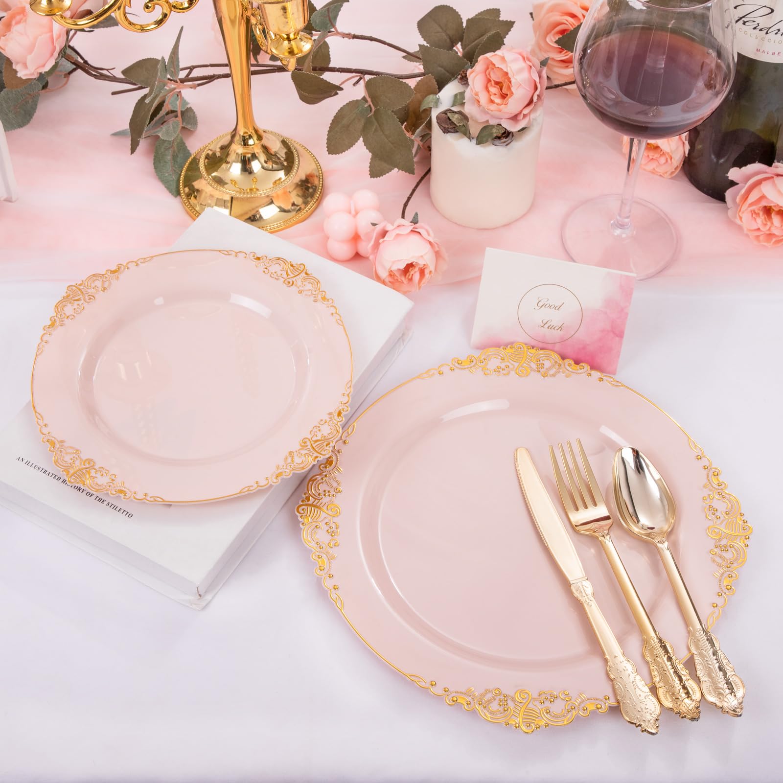Joyido 102Pcs Pink Plastic Plates With Gold Rim - Pink Heavywight Disposable Dinner & Dessert Plates For 51 Guests Weddings & Va