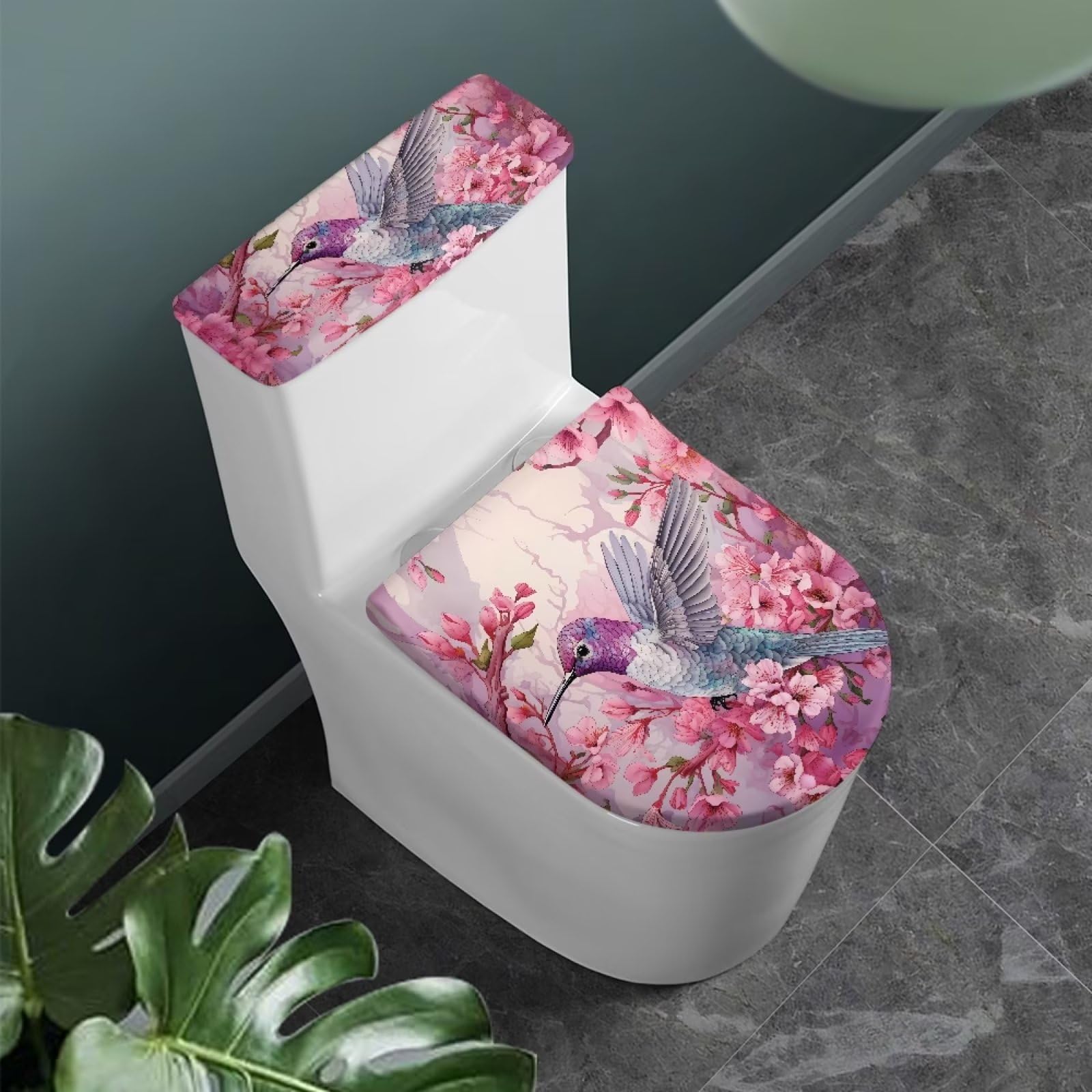 Kuiforti Pink Flowers Toilet Seat Lid Cover Set Of 2 Pcs,Hummingbird Floral Print Toilet Tank Lid Cover Toilet Mat Protective Co