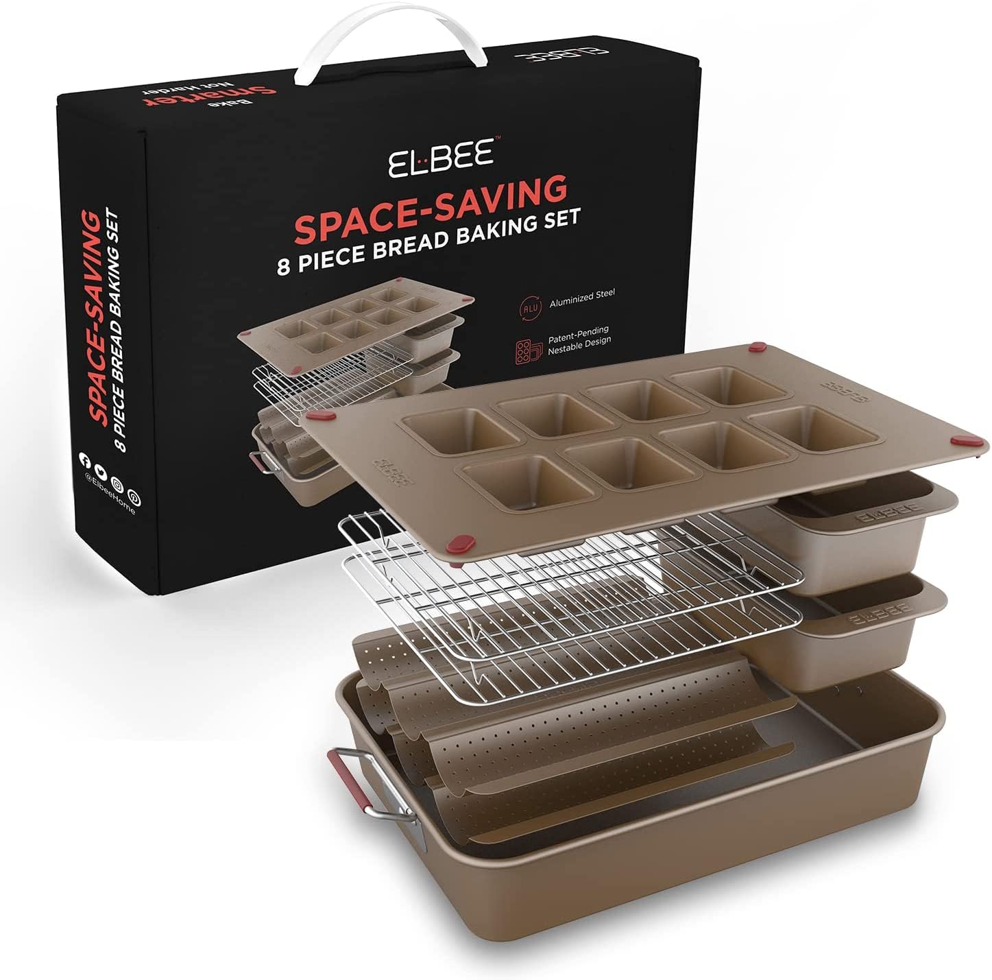 Elbee Home 8-Piece Nonstick Space Saving Bread Baking Pan Set - Includes 1 X Large Roasting Pan 2 X Bread Loaf Pan 2 X Baguette