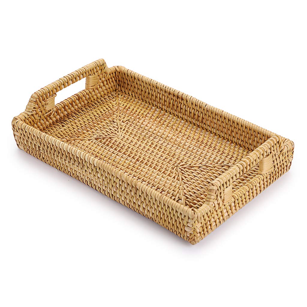 Hipiwe Rattan Serving Tray With Handles - Hand-Woven Decorative Tray For Storage Breakfast, Drinks, Snack,Rectangular Basket Org