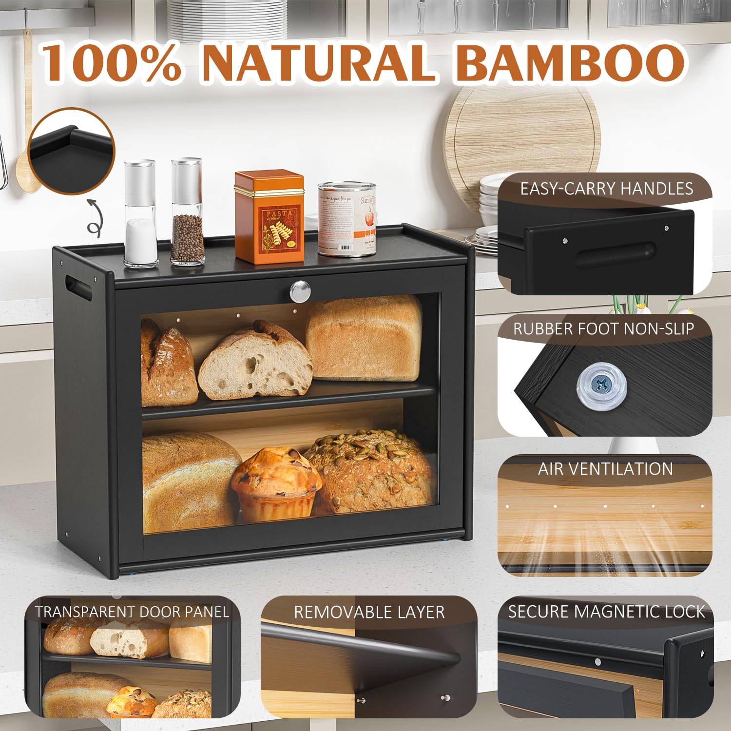 Bread Box For Kitchen Countertop, Double-Layers Large Bread Container With Transparent Door,Easy-Carry Assembled Bread Storage&M