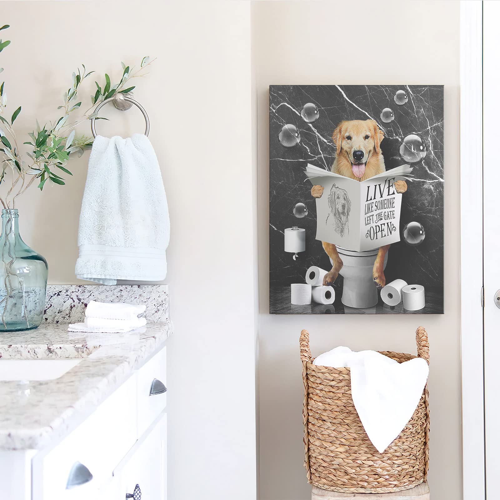 Golden Retrievers In Toilet Bathroom Wall Art Funny Bathroom Pictures Wall Decor Farmhouse Dog Bathroom Painting For Toilet Bath