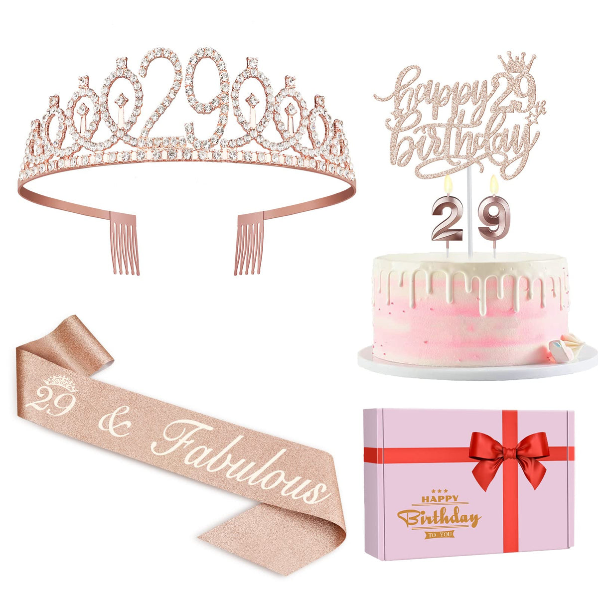 29Th Birthday Decorations For Women Including Birthday Sash, 29Th Tiara For Women, Numeral 29 Candles And Cake Toppers, 29Th Bir