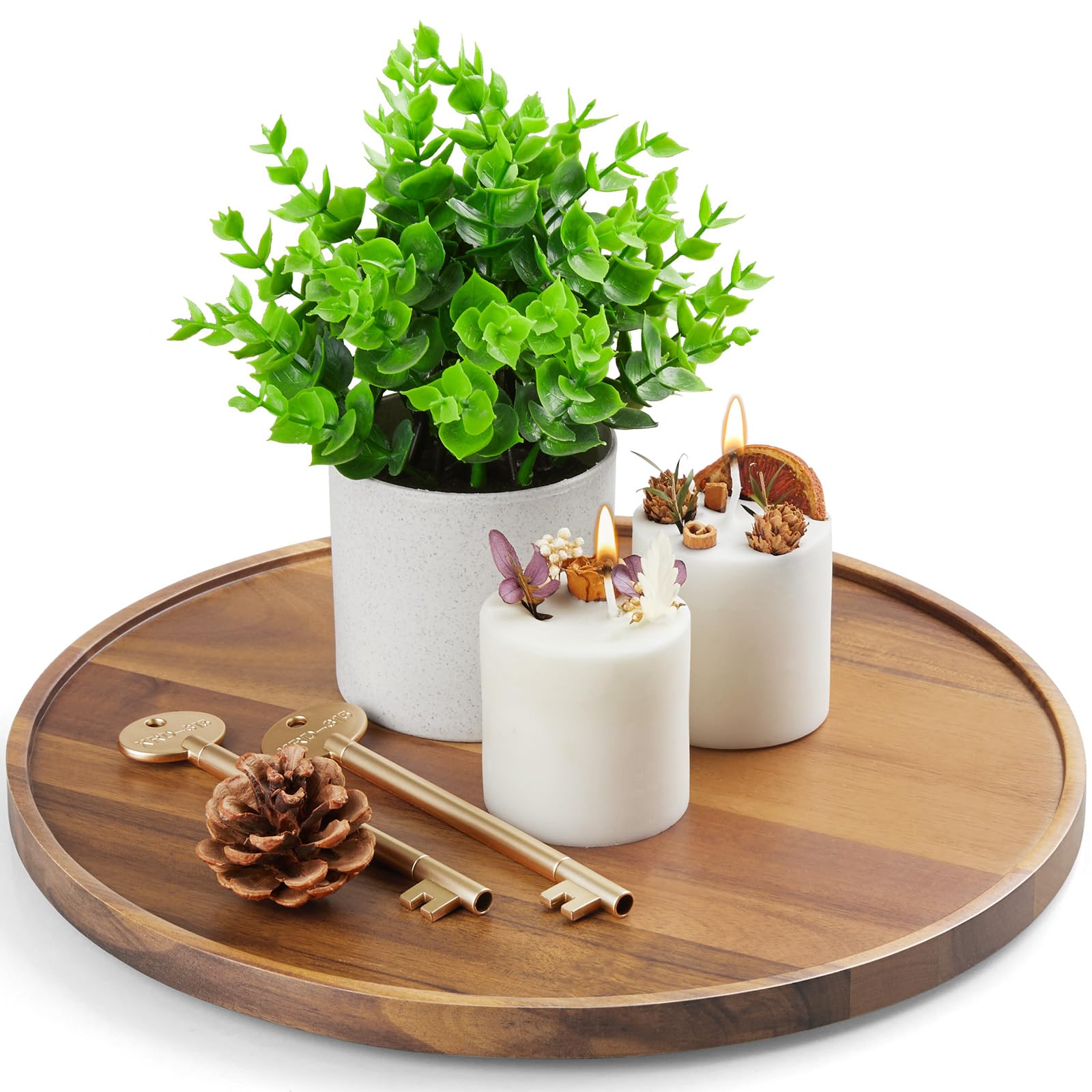 12 Inch Acacia Wood Round Tray, Wooden Decorative Bathroom Coffee Table Tray Centerpiece Candle Holder For Farmhouse Kitchen Din