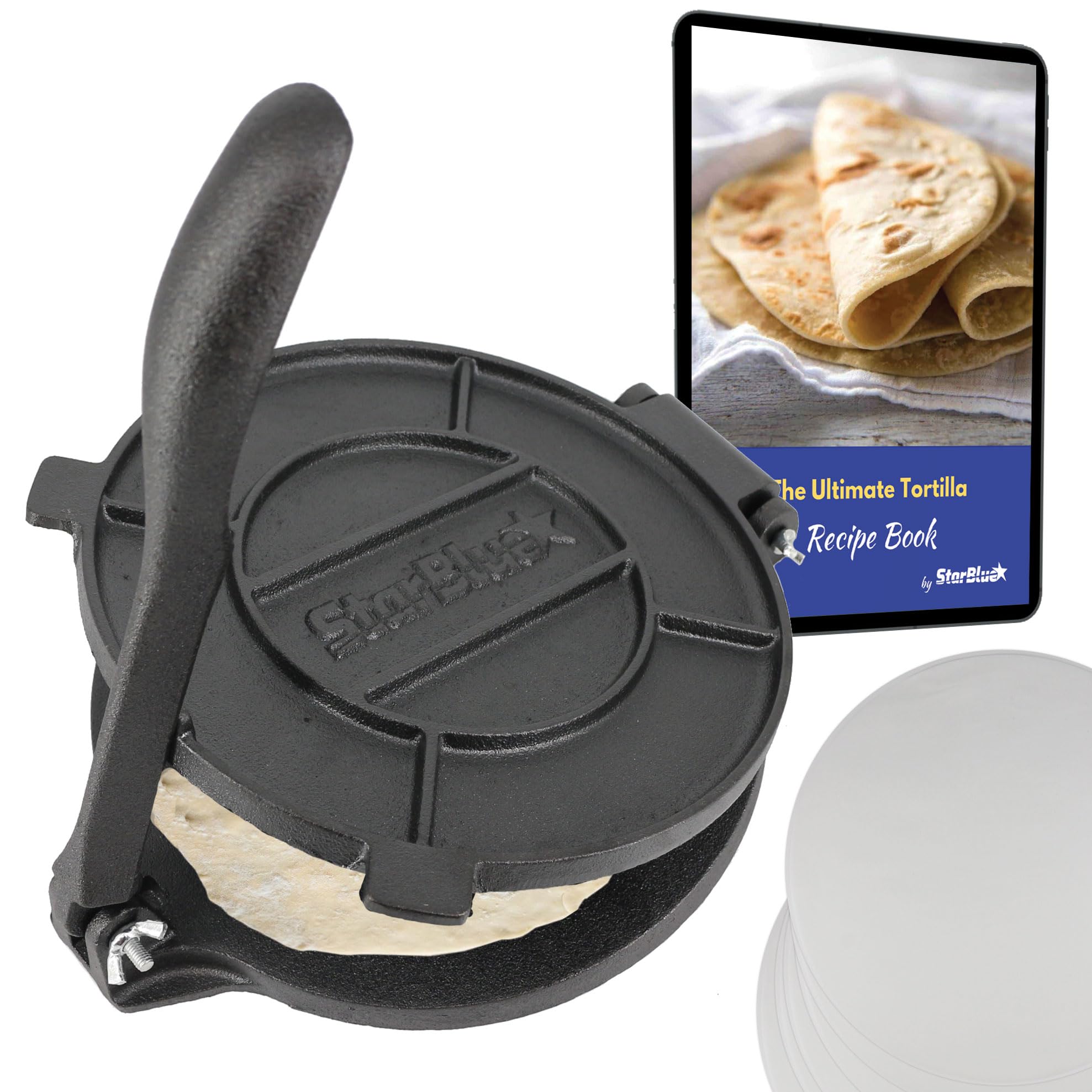 8 Inch Cast Iron Tortilla Press By Starblue With Free 100 Pieces Oil Paper And Recipes E-Book - Tool To Make Indian Style Chapat