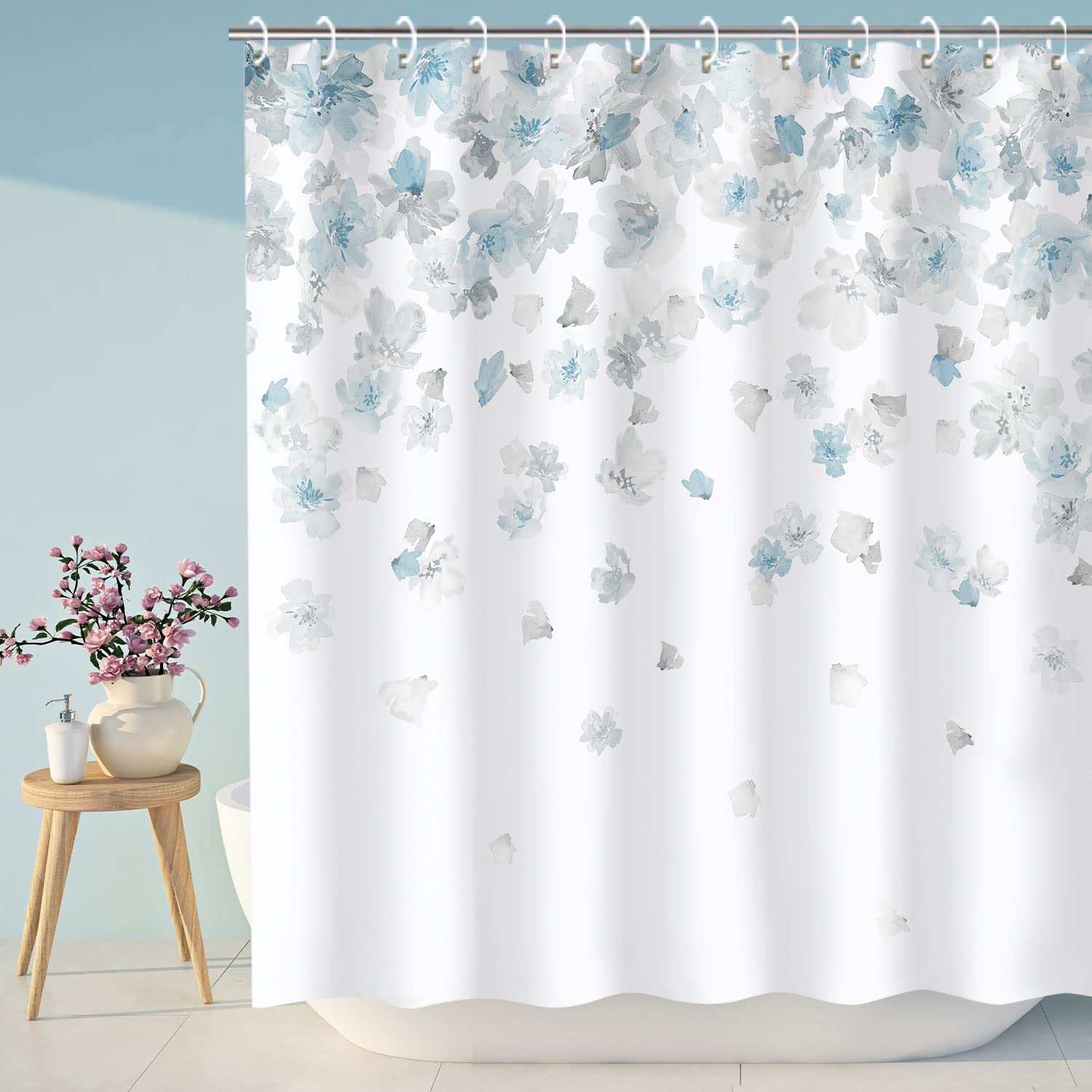 Livilan Floral Shower Curtain, Blue And Gray Shower Curtain, Weeping Flower Shower Curtain With 12 Hooks Light Blue Simple Showe
