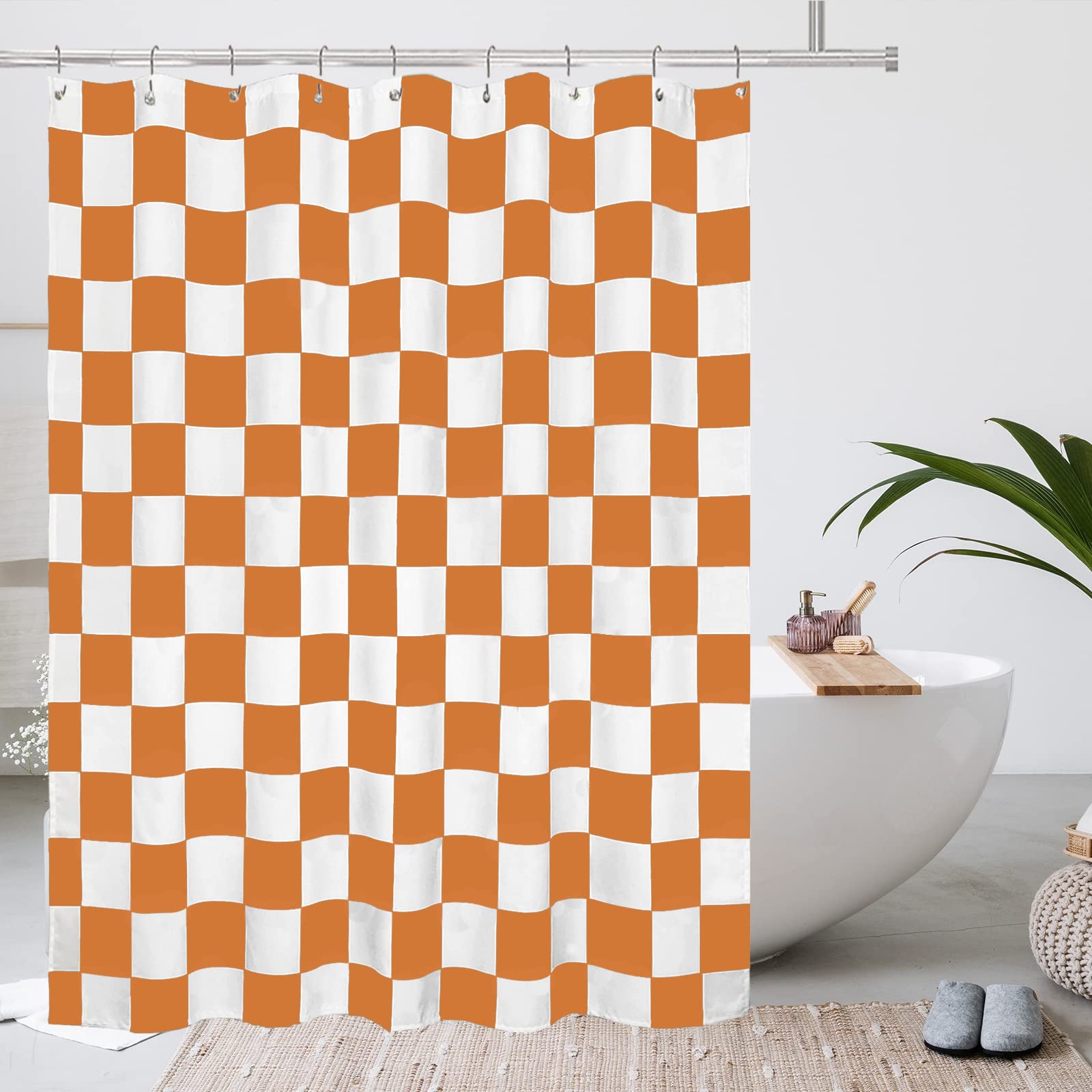 Tititex Aesthetic Checkerboard Grid Pattern Shower Curtain, White Orange Vibrant Modern Shower Curtain Sets Decoration 71X71 Inc
