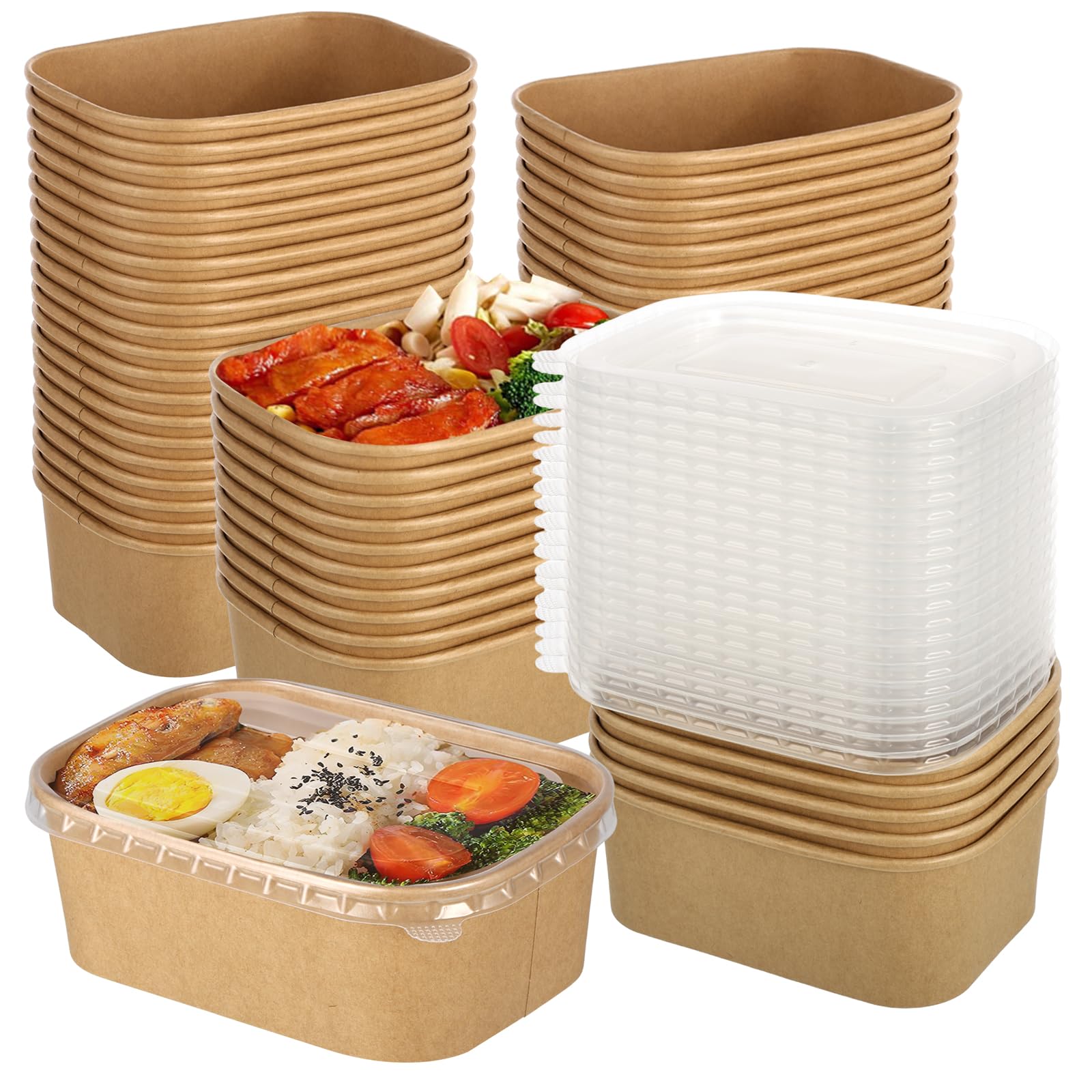 50 Pack 25oz Disposable Kraft Paper Bowls with Lids, Rectangle Meal Prep Containers Bulk, Large Paper Salad Bowl, Leakproof Food