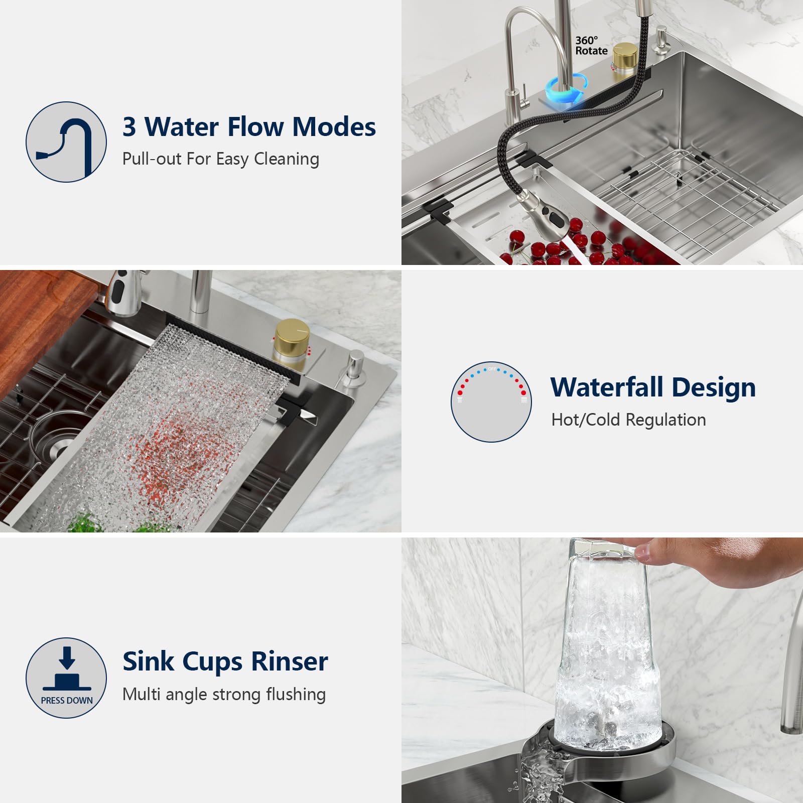 Logmey 33 Drop In Waterfall Kitchen Sink 33X22 Inch 16 Gauge Stainless Steel Single Bowl Workstation Kitchen Sinks With Faucet C