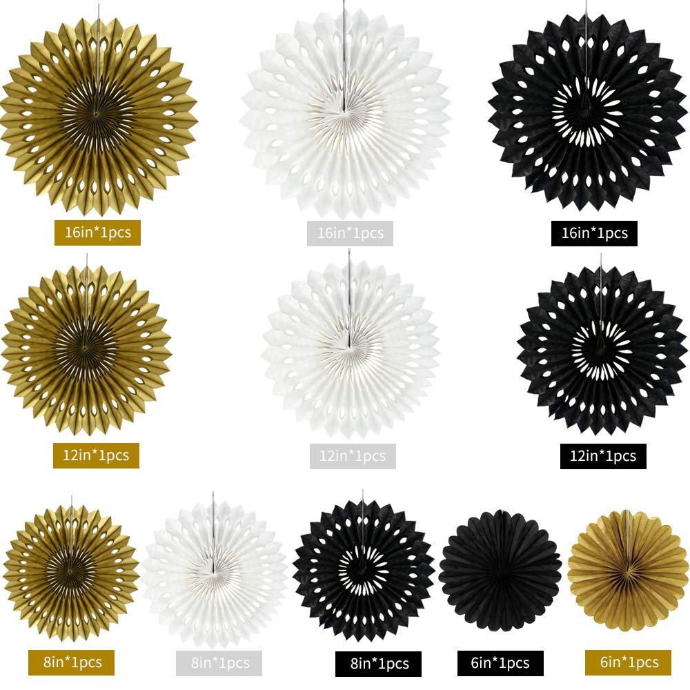 BEISHIDA Black Gold White Hanging Honeycomb Round Paper Fans Decoration Set for New Year Baby Shower Birthday Wedding Bachelorette Photo Booth Backdrops Anniversary Paper Party Supplies(11packs)