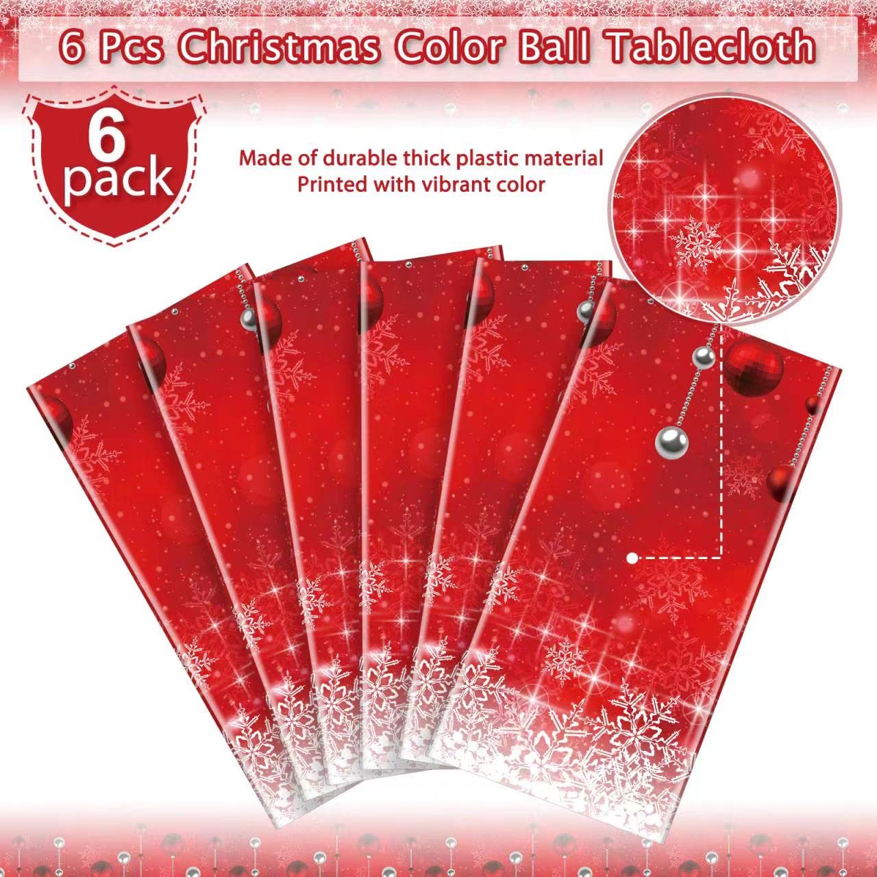 Jectivs 6Pieces Merry Christmas Tablecloth Plastic Christmas Tree Ball Table Cover Rectangle Winter Snowflake Tablecloth for Mer