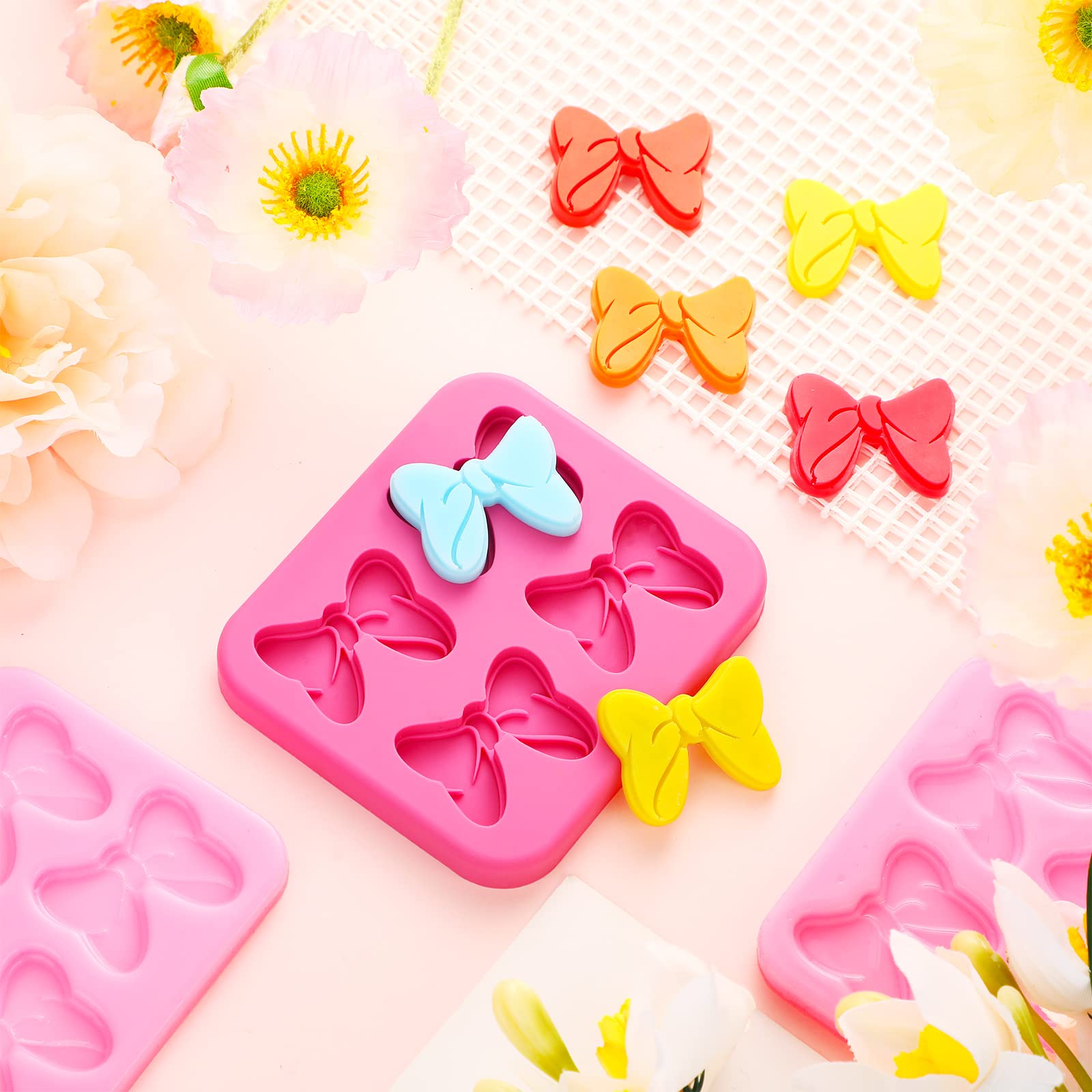4 Hole Bow Chocolate Silicone Mold 4 Pcs Bow Fondant Mini Mold Cartoon Butterfly Tie Edible Cartoon Cake Molds For Baking Pink B