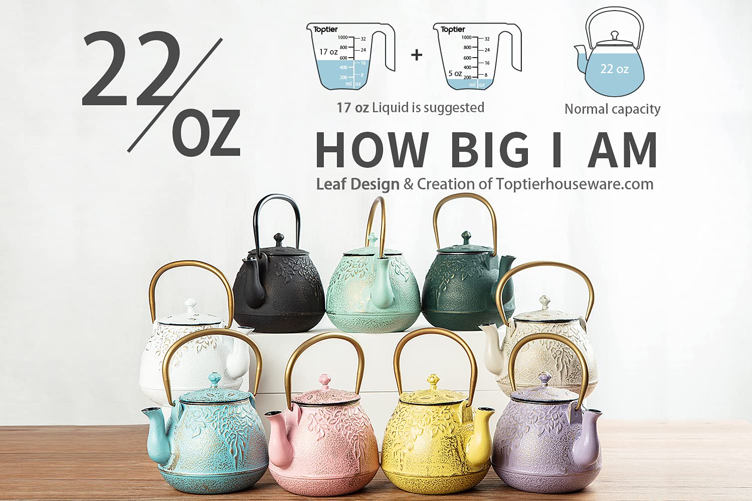 Toptier Tea Kettle For Stove Top, Cast Iron Teapot Stovetop Safe With Infusers For Loose Tea, 22 Oz, Light Green
