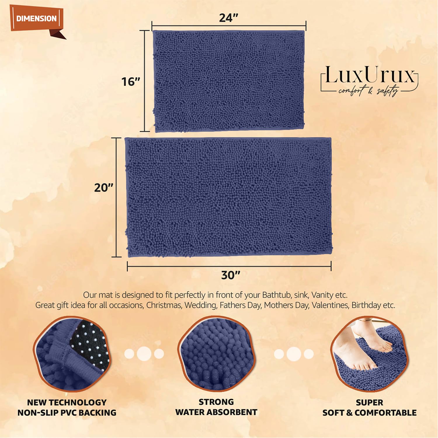 Luxurux Purple Bathroom Rug Set -Extra-Soft Plush Bath Mat Shower Bathroom Rugs,1 Chenille Microfiber Material, Super Absorbent,