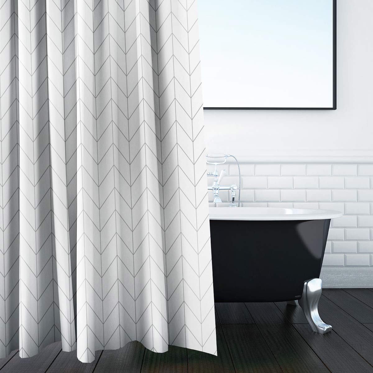 Riyidecor Extra Wide 96Wx72H Inch Shower Curtain White 96 Width Long for Bathroom Geometric Herringbone Chevron Striped Simple Modern Classy Contemporary 16 Metal Hooks Polyester Fabric Set Waterproof