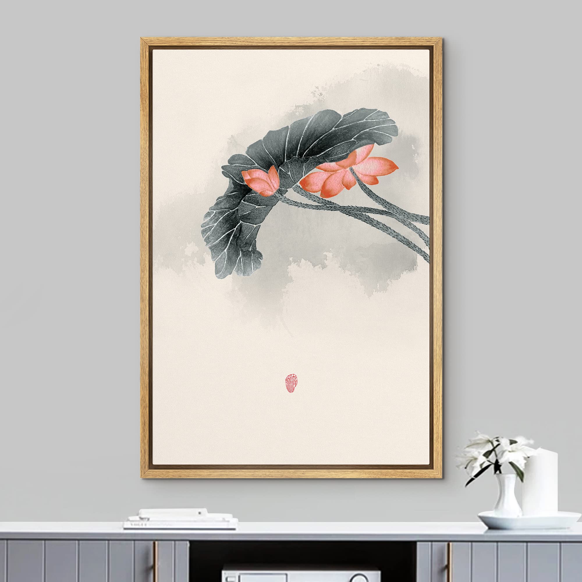 NWT Framed Canvas Print Wall Art Watercolor Chinese Style Red & Pink Lotus Flowers Nature Wilderness Illustrations Modern Art Rustic Colorful Pastel for Living Room  Bedroom  Office - 24''x36'' Natural