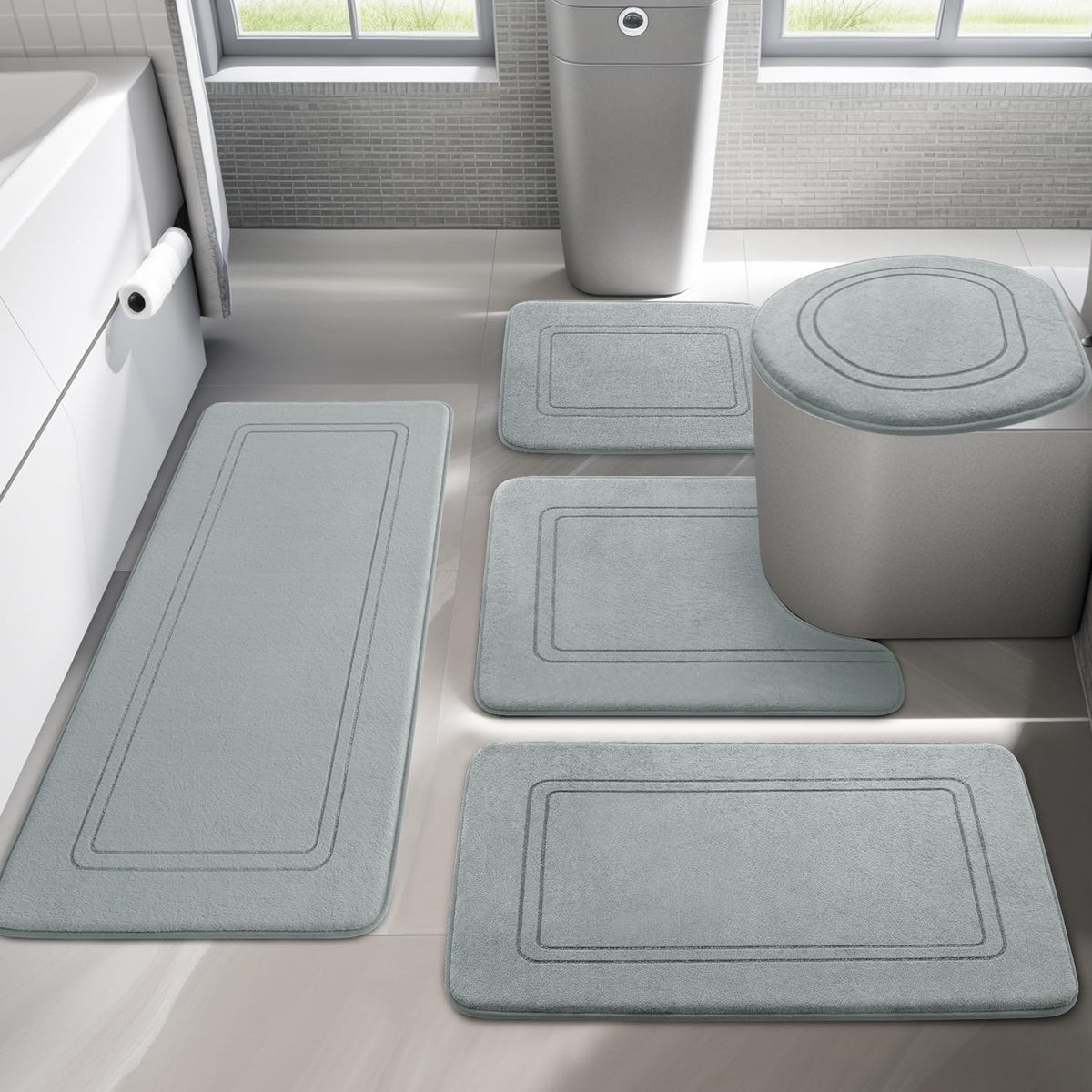 Yihouse Light Grey Memory Foam Bathroom Rug Set 5 Piece, Absorbent Bathroom Mat Set, Nonslip Bath Mat For Bathroom Washable Dry
