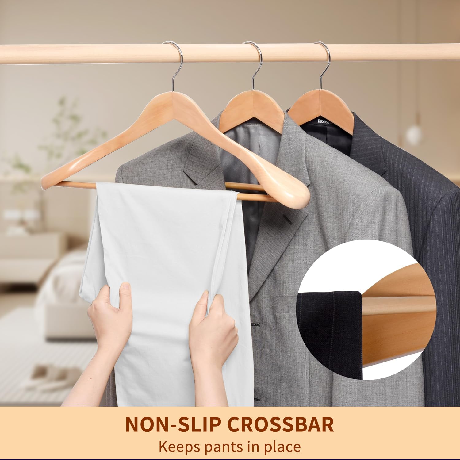 Mangotree Wooden Suit Hangers, Wide Shoulder Coat Hangers With Non-Slip Hanging Bar, Smooth Solid Wood Hangers, Heavy Duty Cloth