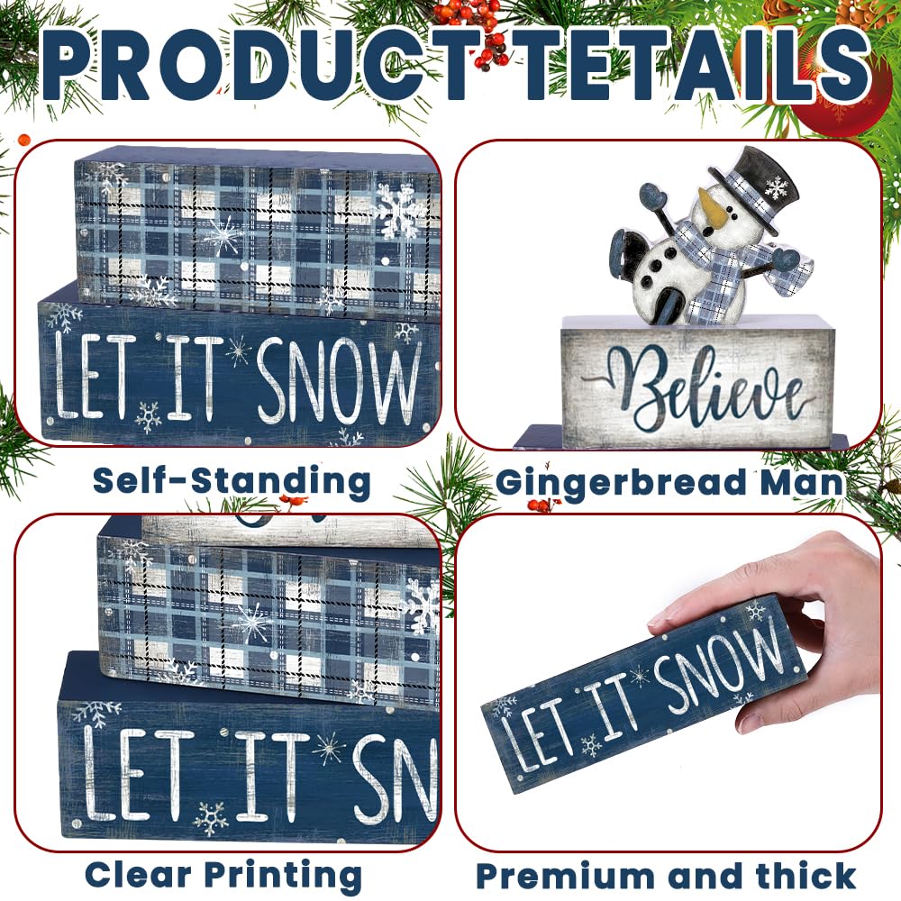 DIYDEC 4pcs Winter Wooden Table Signs - Christmas Snowman Wooden Block Signs Gift Rustic Xmas Tiered Tray Decor Winter Centerpie